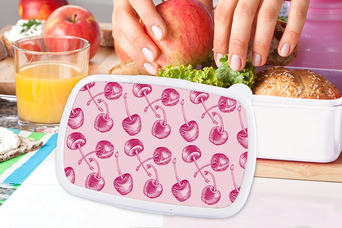 MuchoWow Lunchbox Muster Kirschen - Kinder Rosa, - Jungs - Kunststoff, Erwachsene, weiß Mädchen Brotdose, Vintage für und für Brotbox (2-tlg), und