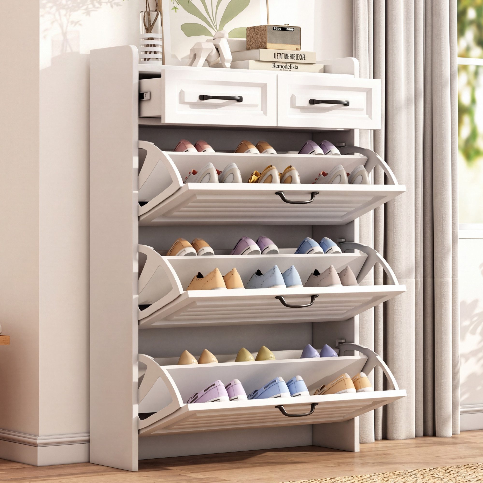 Flieks Schuhschrank (B80/T23,5/H131 cm, 1-St., für ca. 18 Paar Schuhe) Schuhkommode mit 3 Klappen und 2 Schubladen Schuhregal weiß