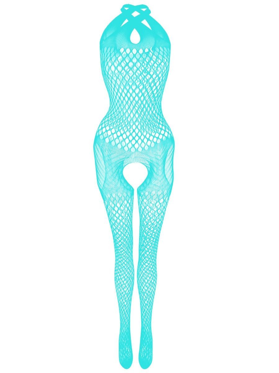 Elegant Love Bodystocking-Ouvert Neckholder Fischnetz Catsuit, Strumpfbody mit offenem Schritt Stilvolles Dessous, S–XL