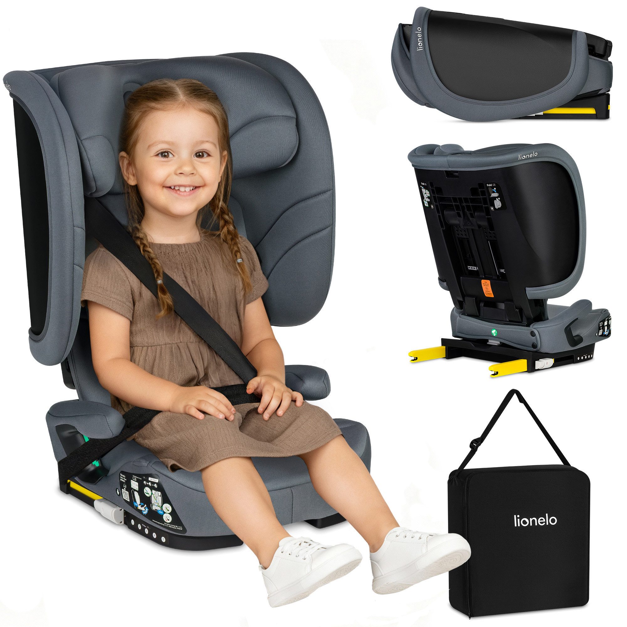 lionelo Autokindersitz ORIN I-SIZE, ab: ab 3,5-4 Jahre, bis: 12 Jahre, ab: 100 cm, bis: 150 cm, (4-teiliges Set), Klappbar/i-Size/14-fach verstellbare Kopfstütze