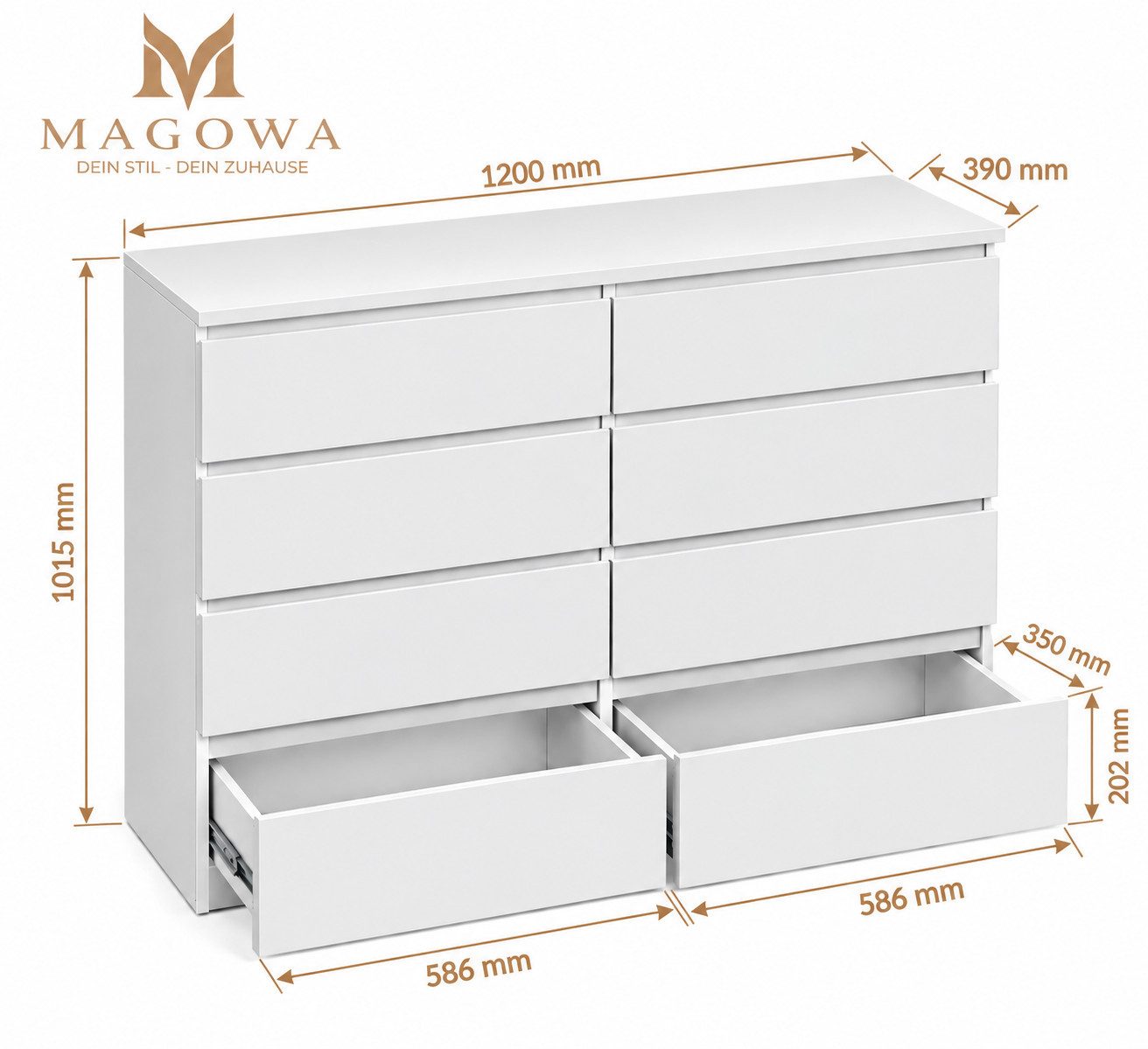 MAGOWA Schubkastenkommode Kommode 120 cm – moderne Kommode mit 8 Schubladen mit Stauraum (ideale Lösung), Breite 120 cm - Höhe 101,5 cm - Tiefe 39 cm – Bild 5 von 5