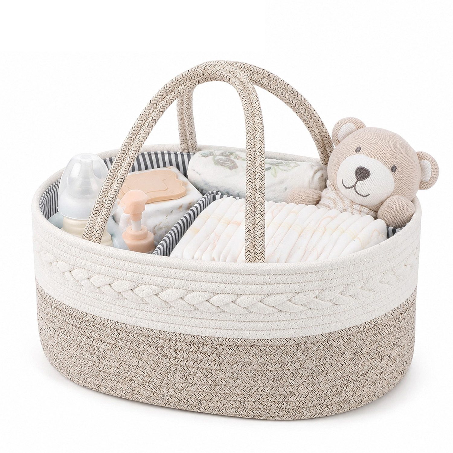 HEYHIPPO Aufbewahrungskorb Aufbewahrungskorb aus Baumwolle,38×22,9×17,8 cm, braun,für Wickeltisch (Herausnehmbarer Einsatz,großes Fassungsvermögen,nass&trocken getrennt), Baumwollkorb mit Griffen,für Windeln & Pflegeprodukte,für Kinderzimmer