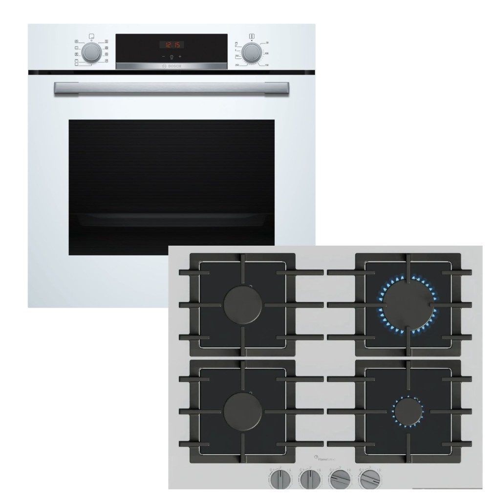 BOSCH Backofen-Set weiß EcoClean Schnellaufheizung + Gaskochfeld Einhandzündung autark
