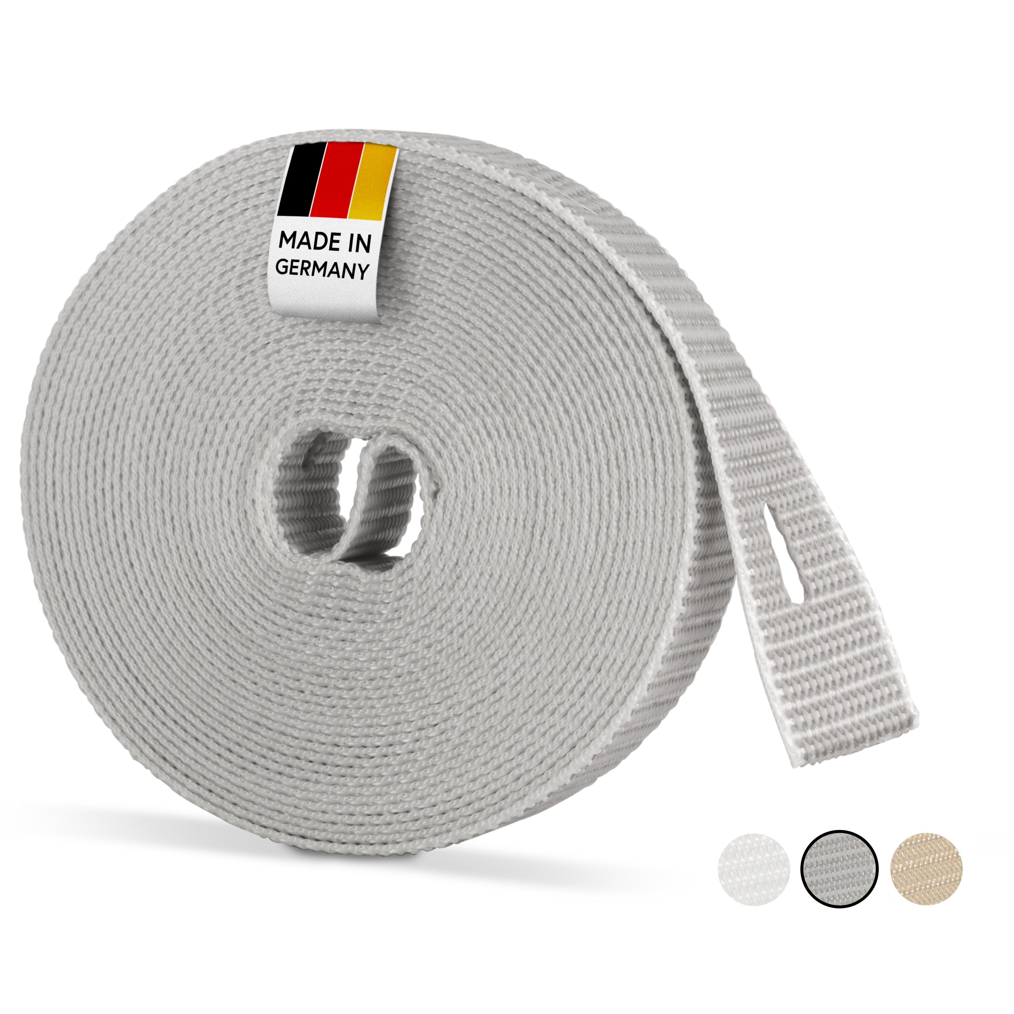 Rollladengurt 22/23 mm in Grau 6m Maxi Rolladengurt strapazier- und reißfest stabiles Rolladenband Gurtband für Rolladen und Jalousie Verstärkte-Ausführung MADE IN GERMANY 