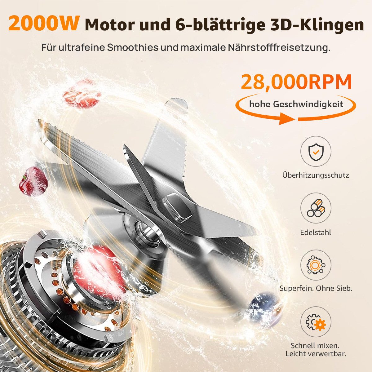 7MAGIC Standmixer Pulsfunktion, Timer, 5 intelligentes Programm Smoothie Maker, 2000 W, max. 28.000 U/min Hochleitungsmixer mit Touchpanel LED Display