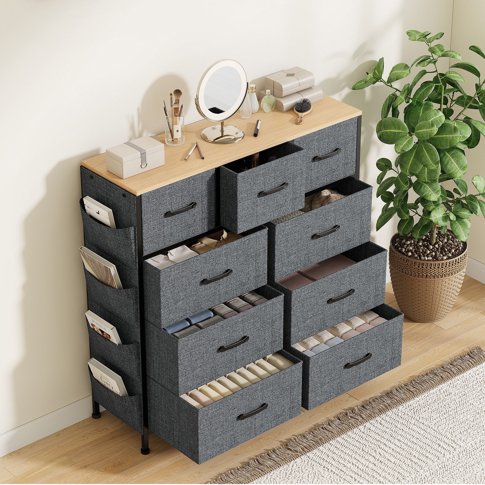 FUROKOY Kommode Stauraumschrank,Schrank Schlafzimmer,Metallrahmen,Retro Stil, Grau Vliesstoff,9 Schubladen