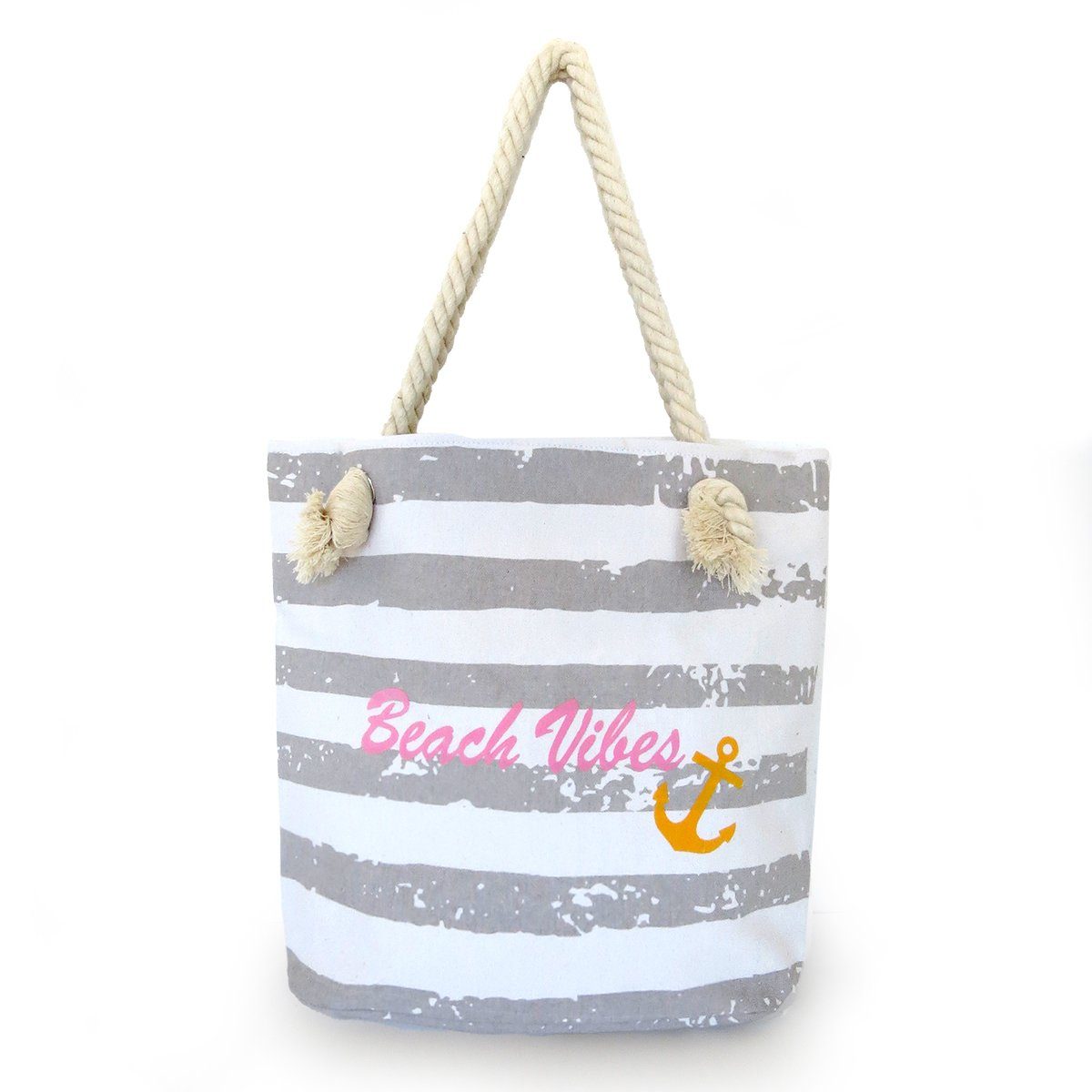 Sonia Originelli Umhängetasche Shopper "Beach Vibes" Vintage Strand Sommer Tasche Streifen Anker, kleine Innentasche mit Reißverschluss grau-weiss