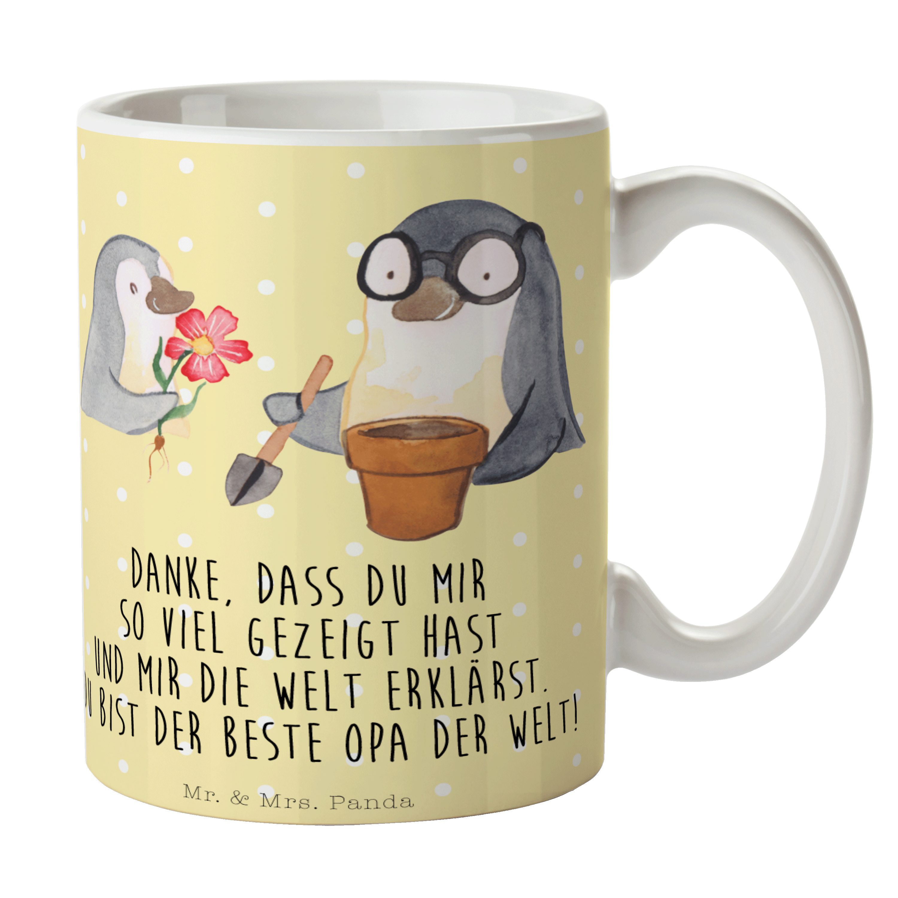 Mr. & Mrs. Panda Tasse Pinguin Opa Blumen pflanzen - Gelb Pastell - Geschenk, Großvater, Tas, Keramik