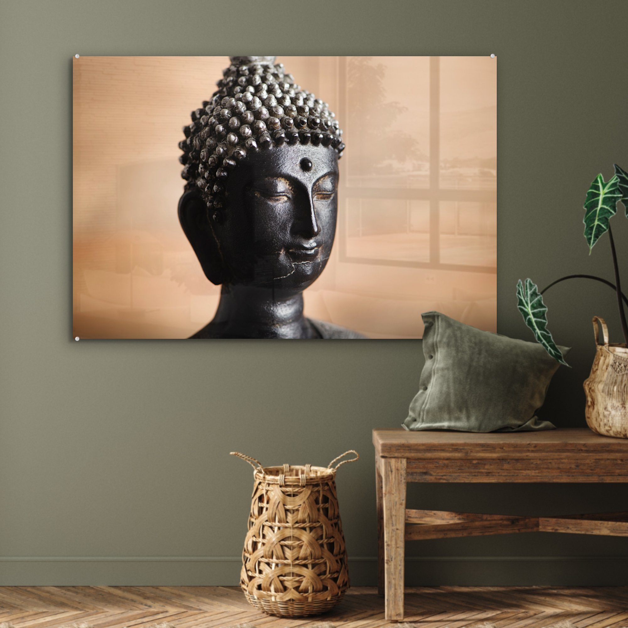 MuchoWow Acrylglasbild Buddha - Gesicht Acrylglasbilder & - Wohnzimmer Schlafzimmer (1 St), Braun