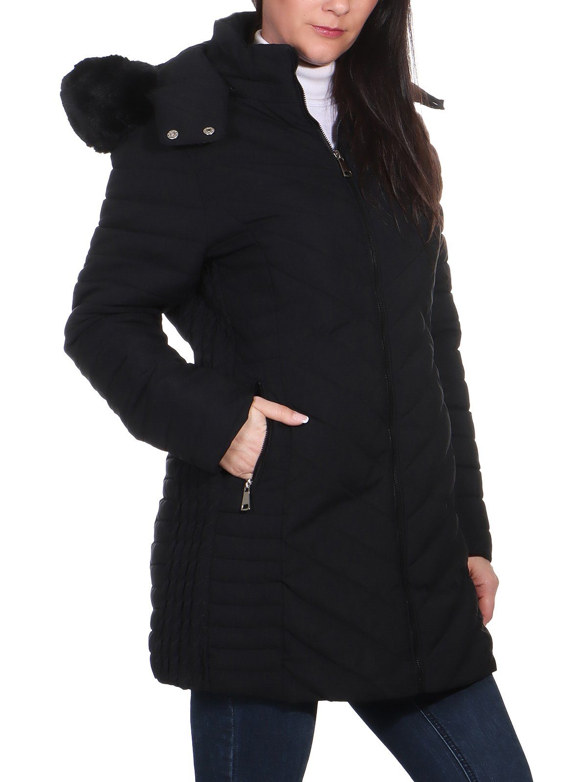 Teddyfell Outdoorjacke Damenmode Schwarz Damen Teddyfell mit mit Aurela mit warme Kapuze Langjacke Steppjacke