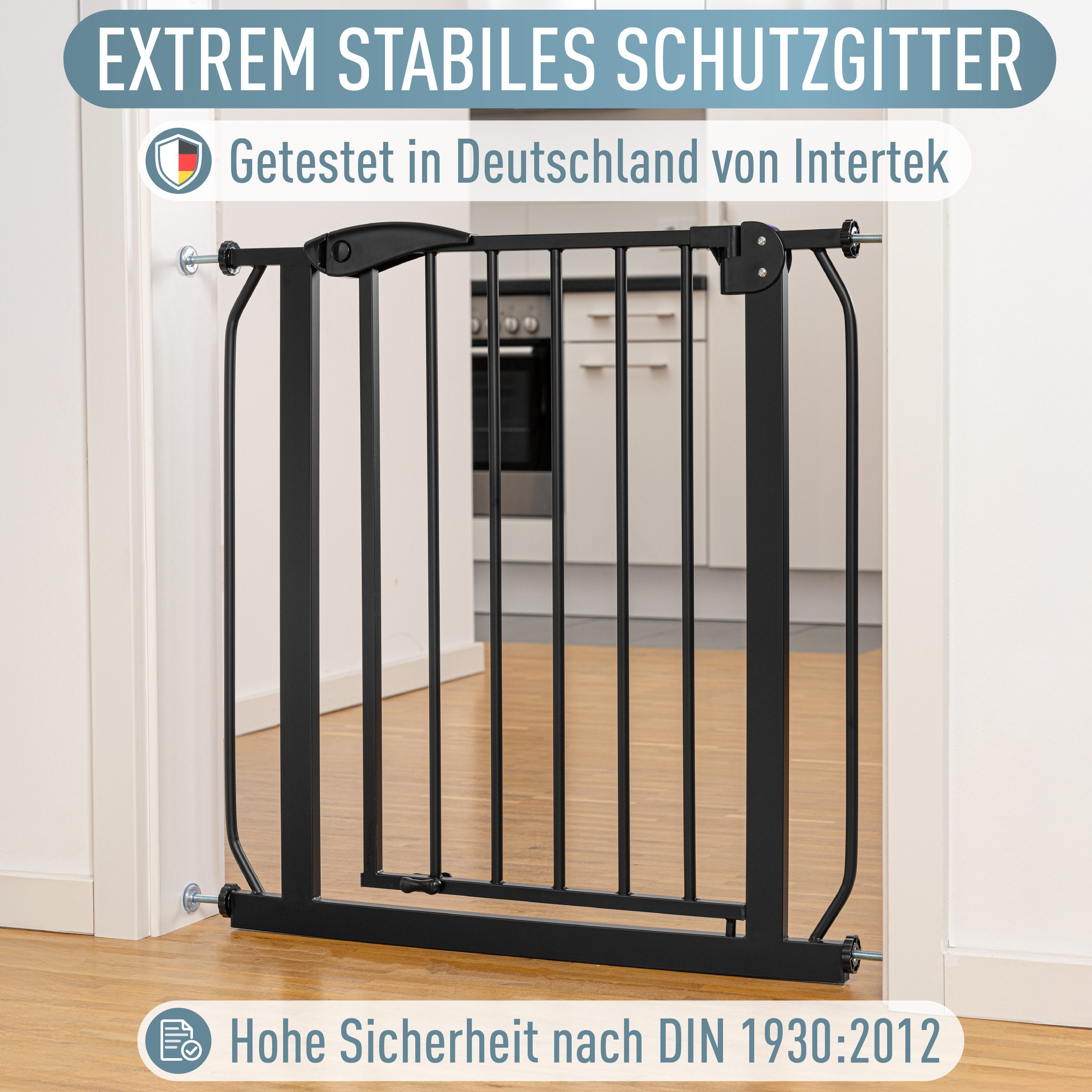 ib style Türschutzgitter Berrin Treppengitter ohne Bohren 58-66 cm schwarz, Getestet in Deutschland, 2-fach Sicherung, Babygitter bis 24 Monaten – Bild 2 von 5
