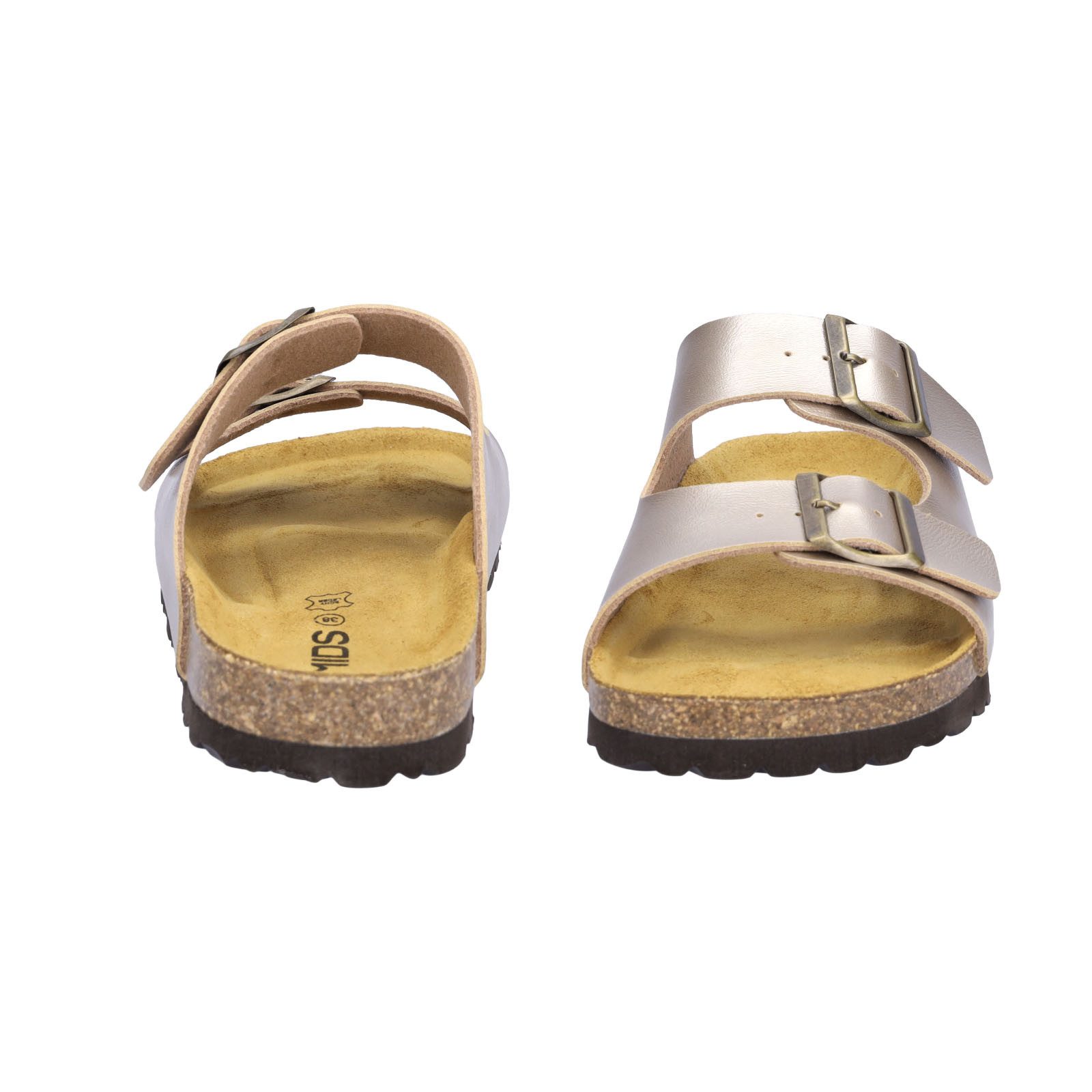 MIDS MOMO Damen Pantolette gold, Zweiriemer mit ergonomischem Fußbett, Korkumrandung und Schnalle