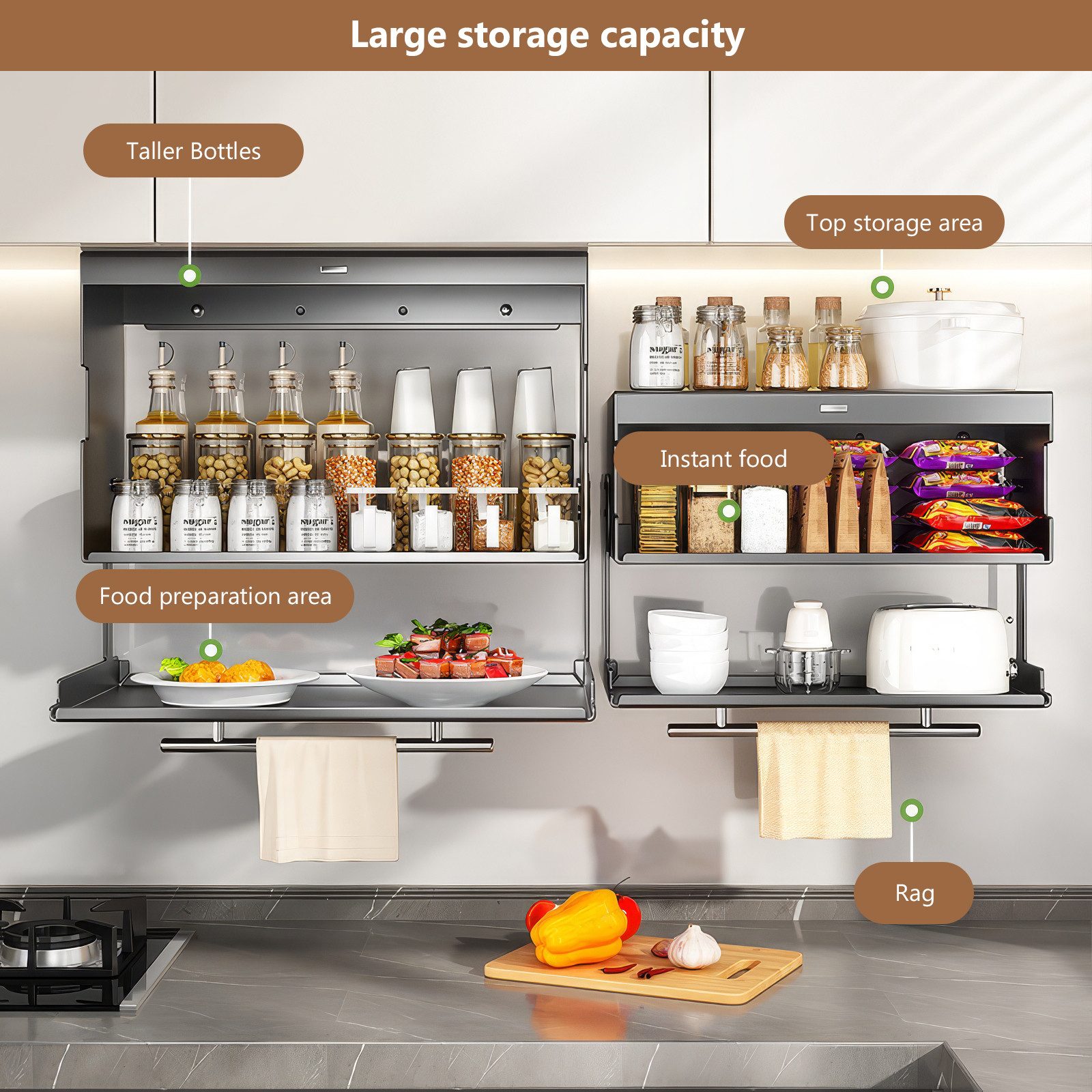 BlingBin Wandhängeschrank Wandschrank Organizer mit Klapptür, Metall-Hängeschrank - 40*19*29cm, 1er Set, Tragfähigkeit: 25 kg, Flip-Top-Design für Besteck, Geschirr & Utensilien 1-tlg., Küchen-Gewürzregal für Speisekammer, Essbereich & Küchen, Grau