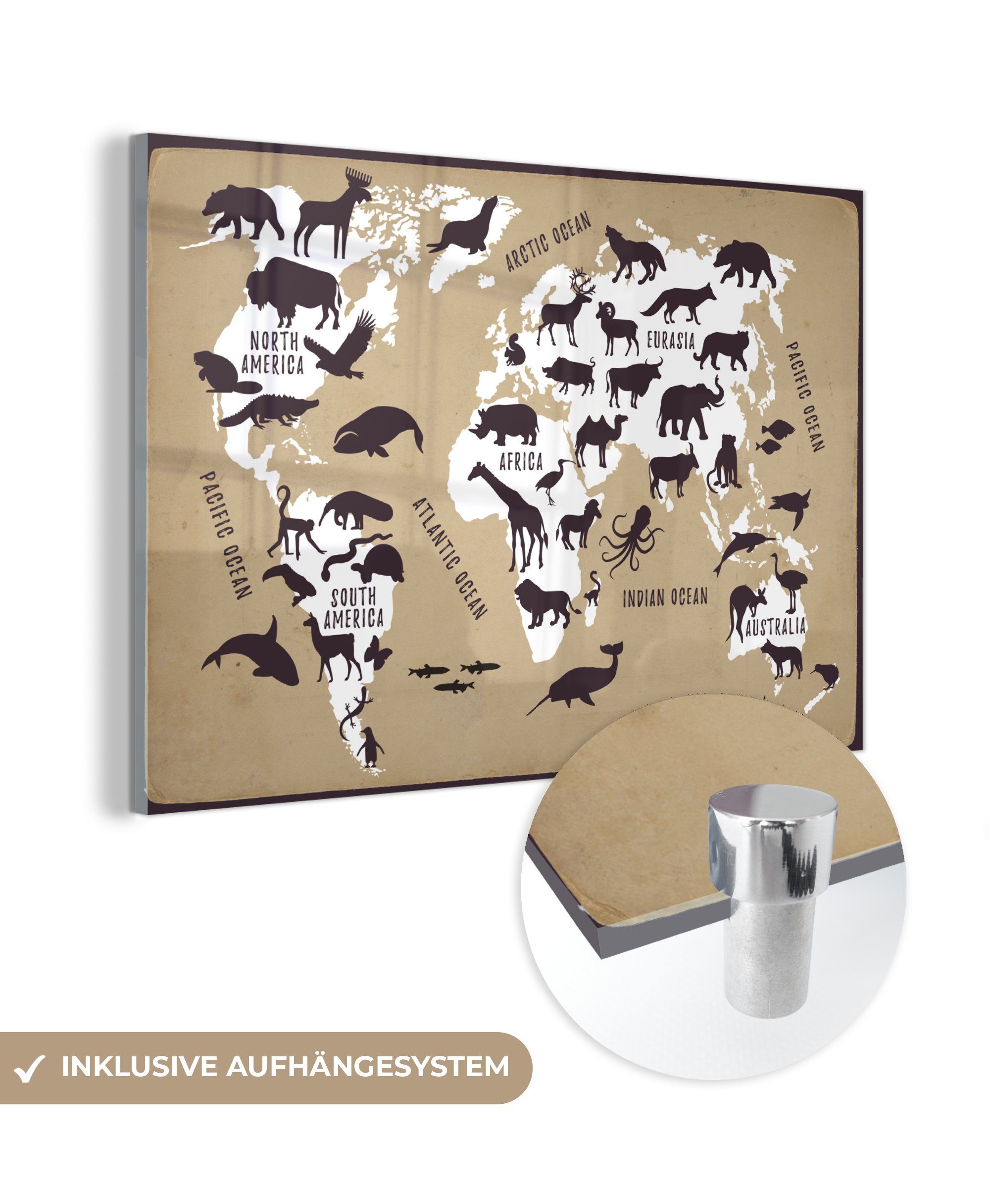 MuchoWow Acrylglasbild Weltkarte - Tiere - Braun, (1 St), Glasbilder - Bilder auf Glas Wandbild - Foto auf Glas - Wanddekoration