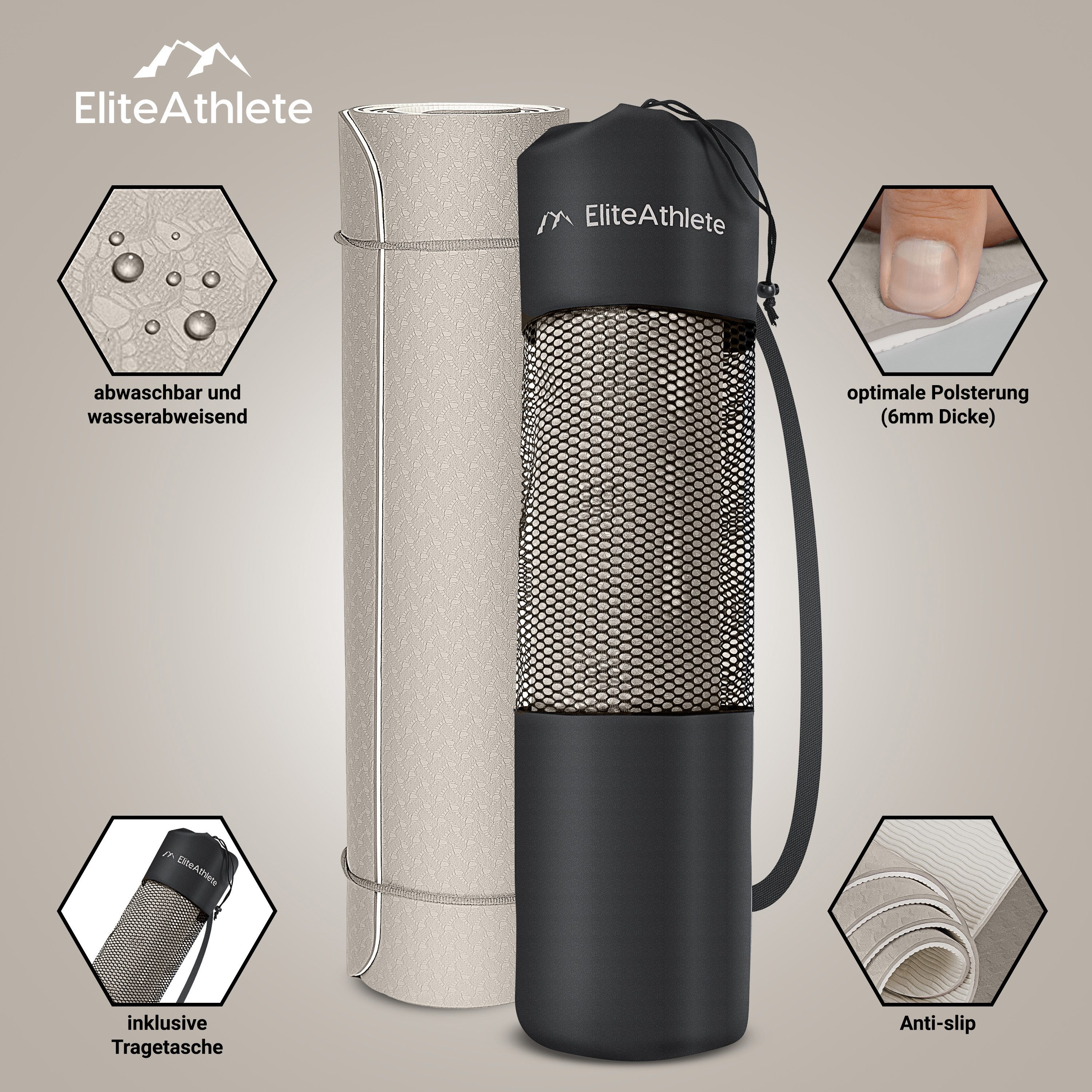 EliteAthlete Yogamatte EliteAthlete® Yogamatte - Sportmatte - Fitnessmatte - Yoga Matte (Set bestehend aus: Matte, Transporttasche, Transportband)