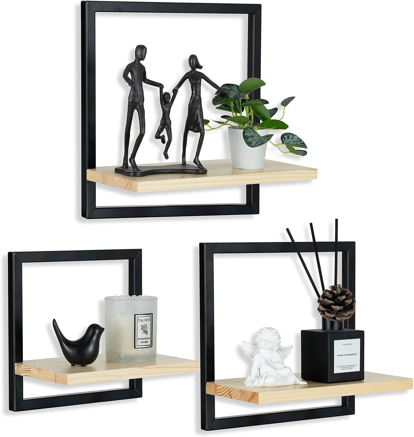 Holz Lichter Wandregal 3‑tlg. Floating Wandregal – Holz & Metall, modern geom. Design, 3-tlg., Schweberegal aus Holz+Metall – platzsparend, vielseitig, langlebig