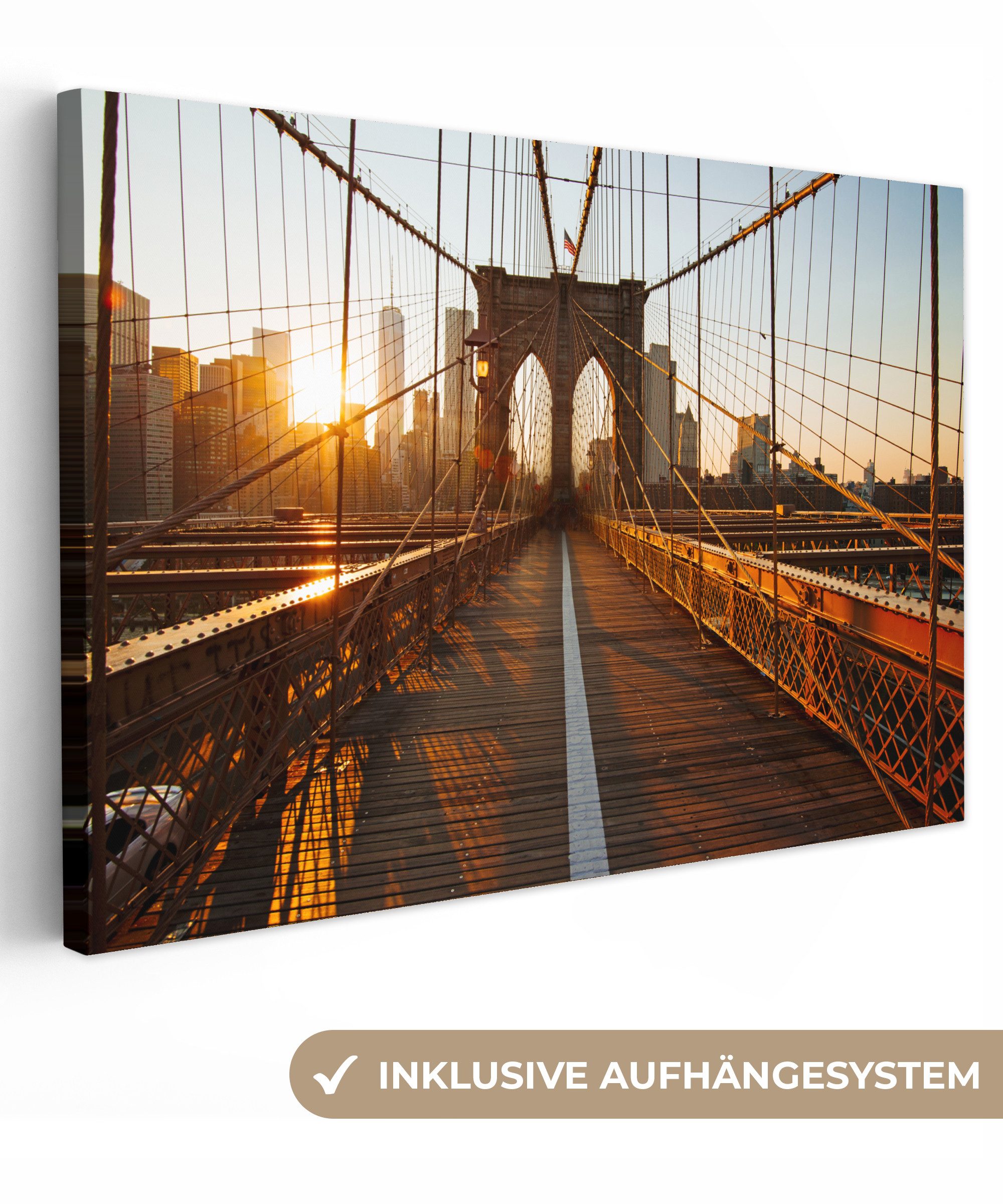 OneMillionCanvasses® Leinwandbild Brooklyn Bridge in New York bei Sonnenuntergang, Fotodruck (1 St), Leinwand Bilder Klein, Wand Dekoration Aesthetic 30x20 cm