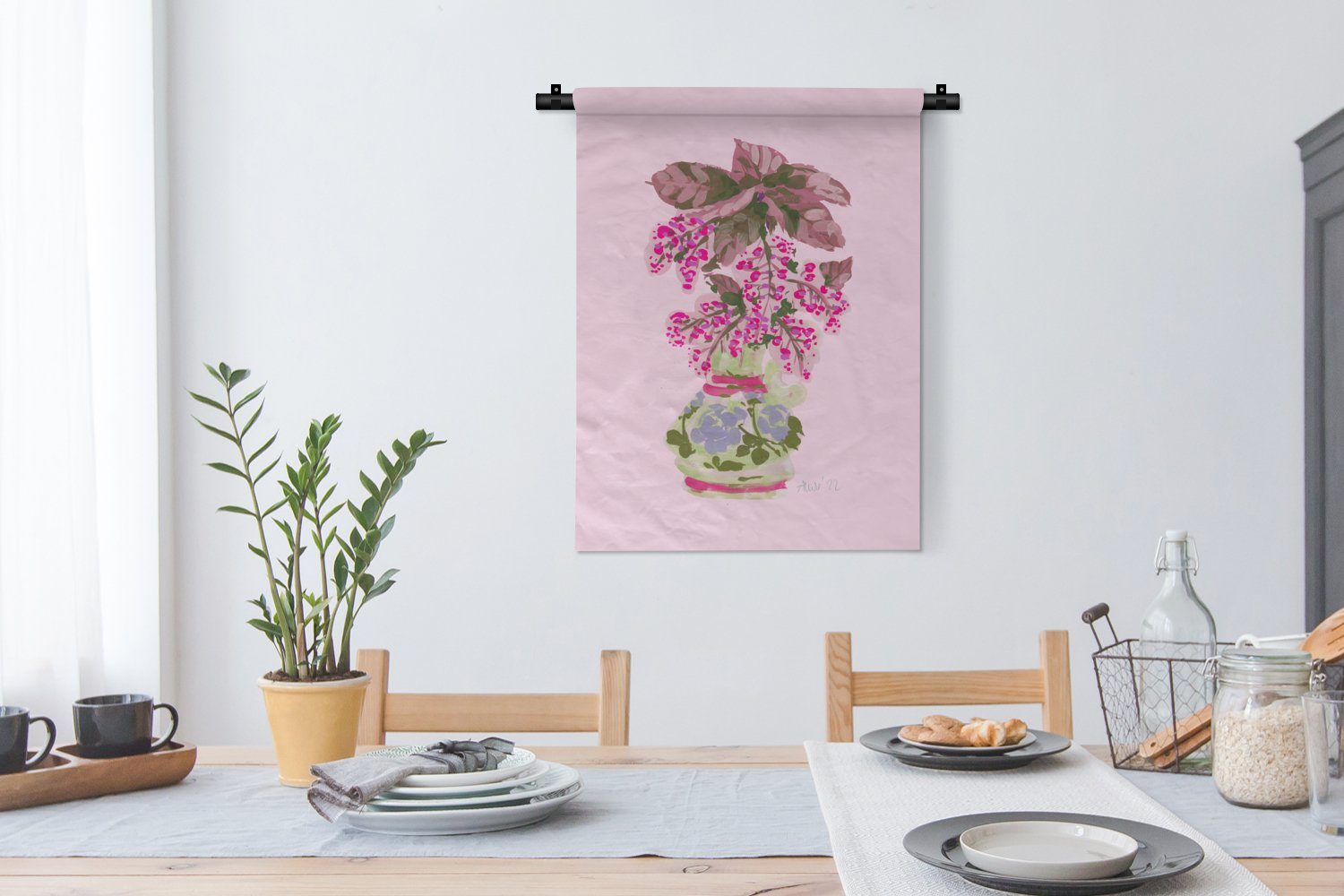 Blumen der Wand, Wohnzimmer, Deko für Pflanzen, MuchoWow an - Wanddekoobjekt - - Tapisserie, Vase Schlafzimmer Rosa