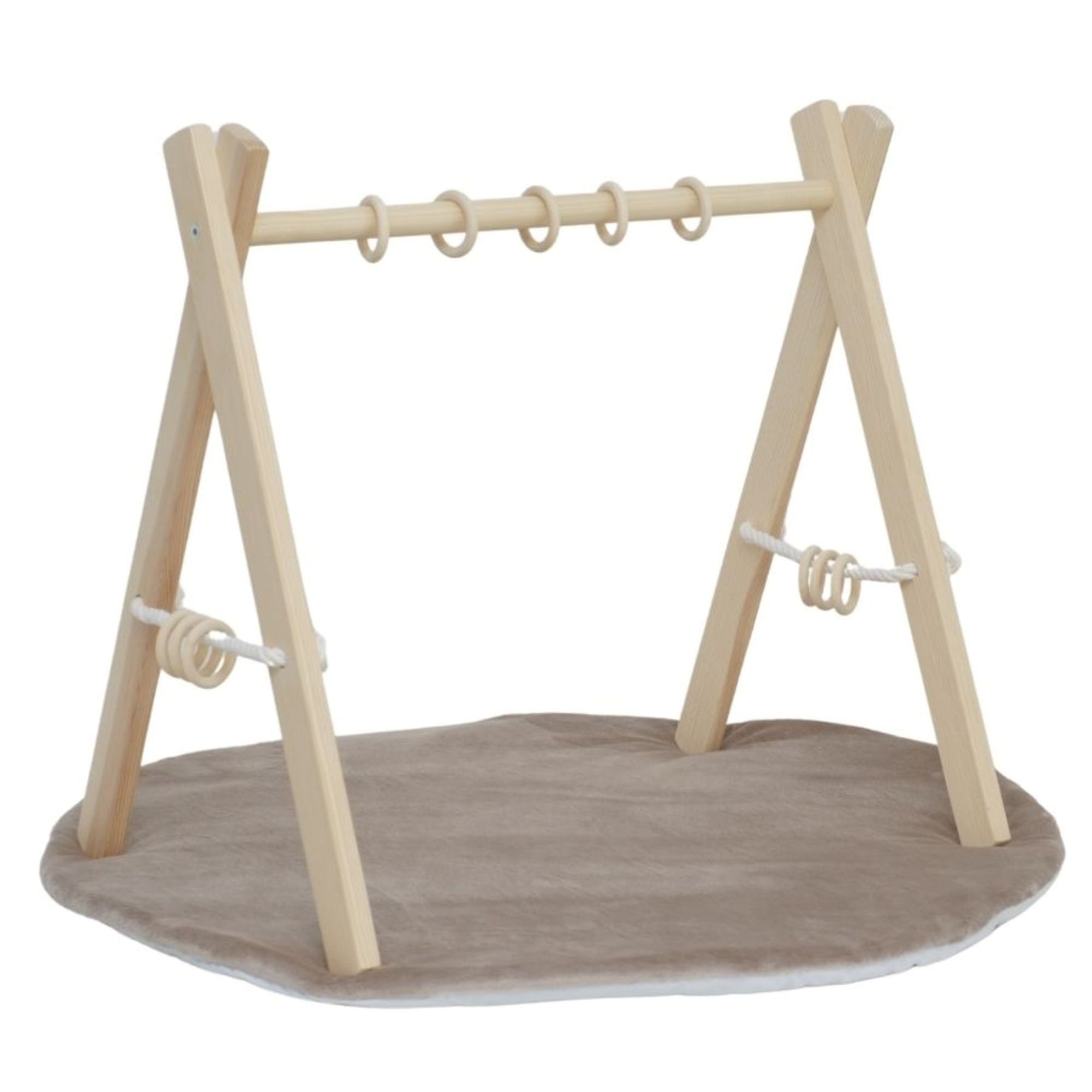 LuMali Baby Gym Spielbogen klappbar mit Spielmatte aus Naturholz für Babys, Lernspielzeug Säugling mit Holzanhänger, Spieltrapez & Krabbeldecke