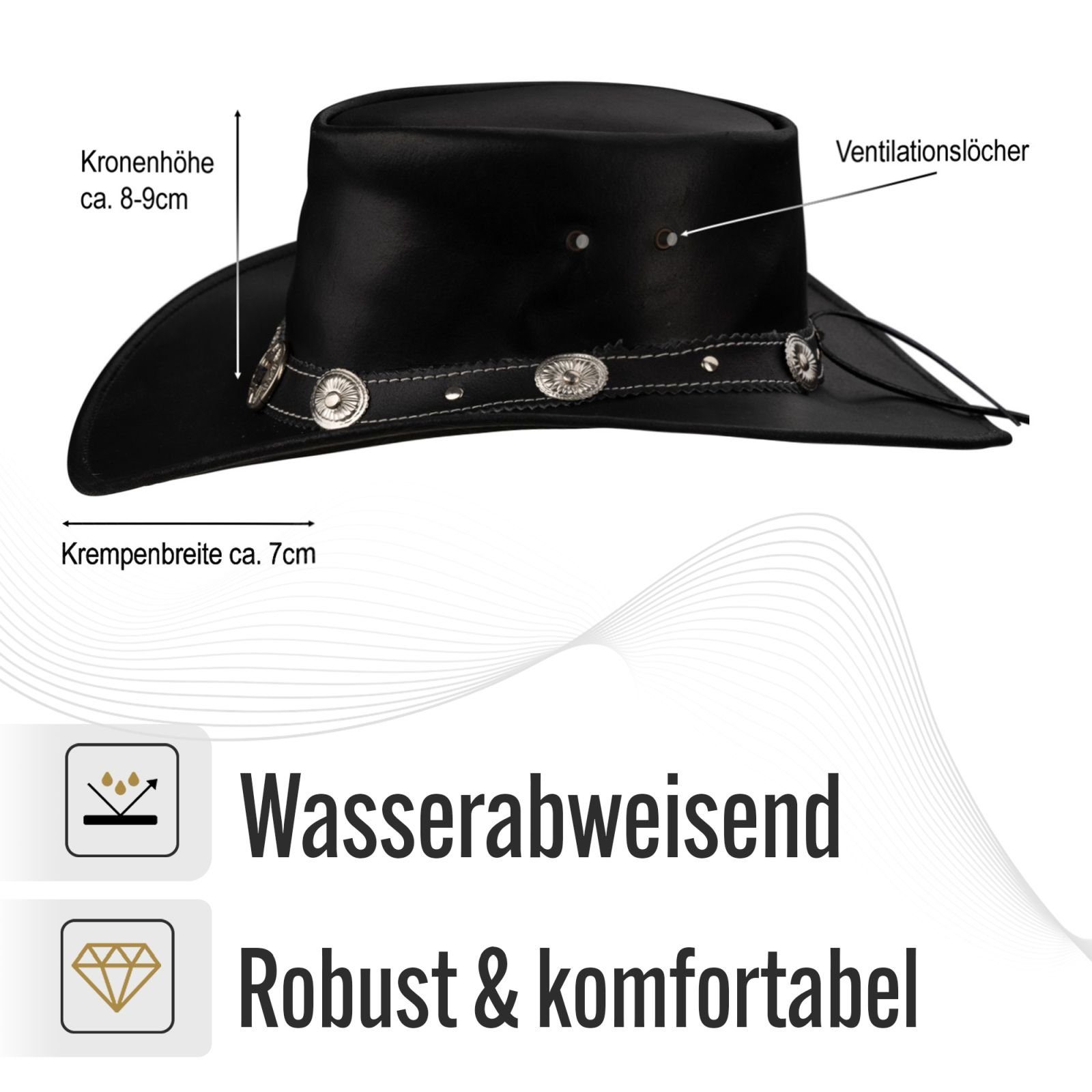 BLACK FOREST FOX Cowboyhut Cowboy Western Leder Hut STAR für Herren Damen in 2 Farben Schwarz Größe XXL