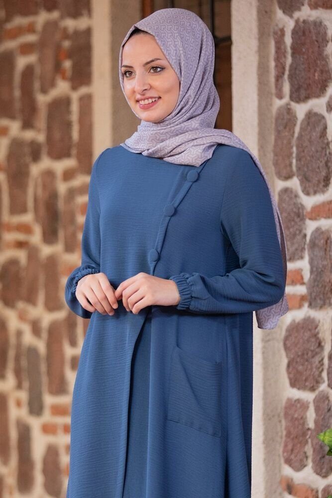 Hijab Hose Zweiteiler Longtunika Kleidung Damen Anzug mit Modavitrini Indigo-Blau Stoff Aerobin Tunikakleid