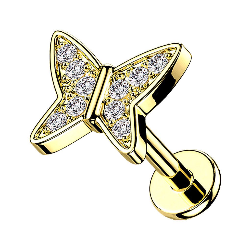 Piercing-Set Tragus Labret Piercing flach Zirkonia Schmetterling Gold 6mm