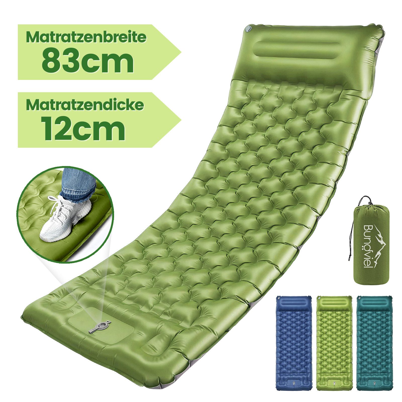 Bundviel Isomatte Camping Selbstaufblasend 12cm Dicke Luftmatratze Utraleicht mit Fußp, Ultraleicht 196x70x12cm / 196x83x12cm