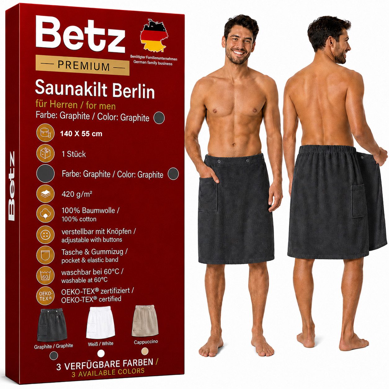 Betz Kilt Frottee Saunakilt BERLIN mit Knöpfen für Herren 420 g/m²