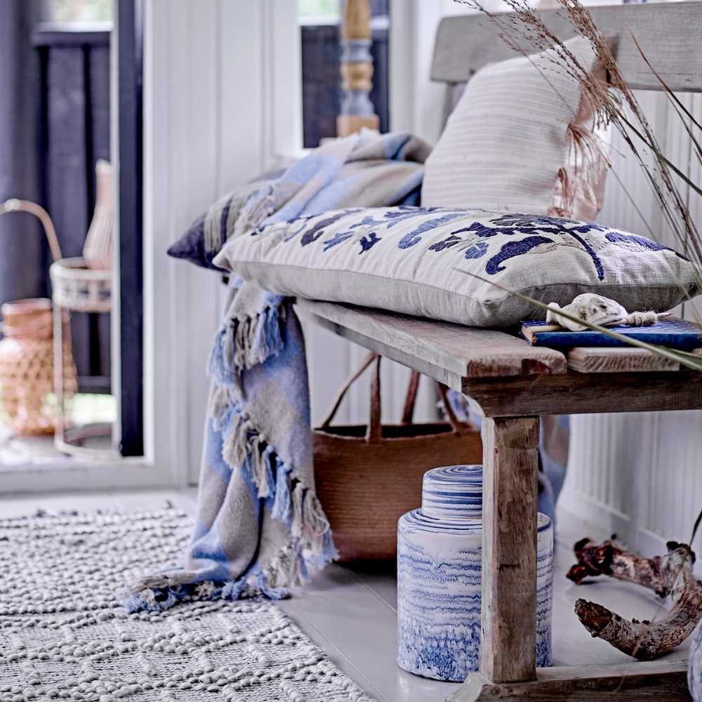 Wolldecke Bloomingville Decke LARGS Hellblau Karo Muster 160x130 cm, Bloomingville