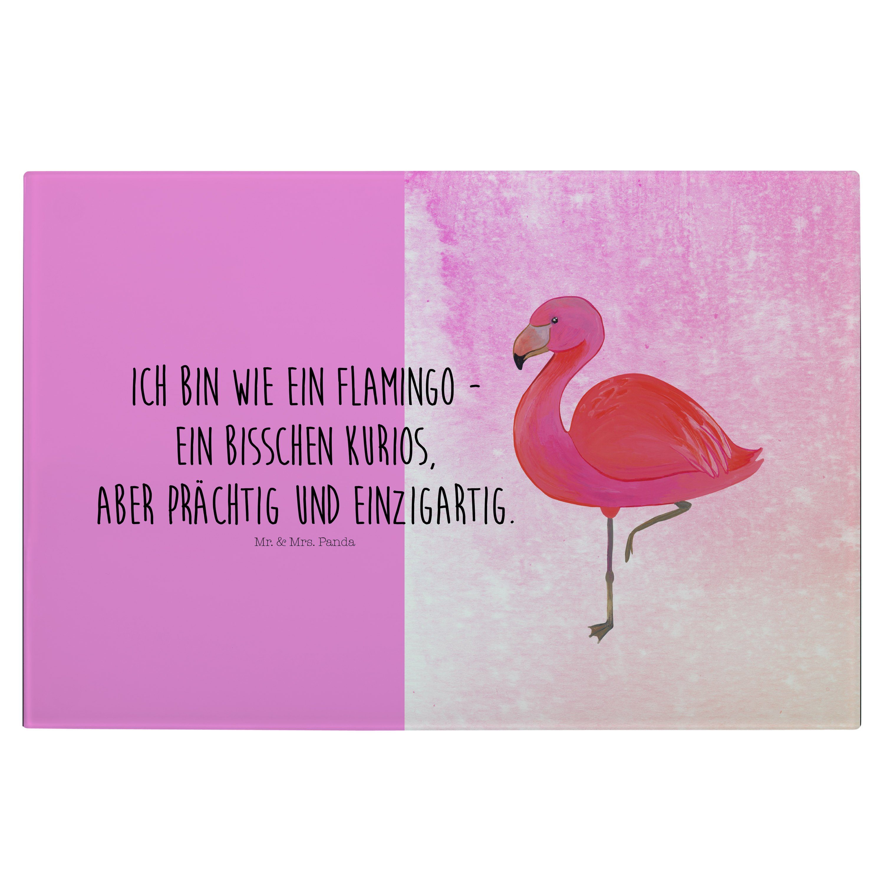 Mr. & Mrs. Panda Schneidebre, Pink (1-St) - Flamingo Aquarell - Glas, einzigartig, Servierbrett Geschenk, Premium classic