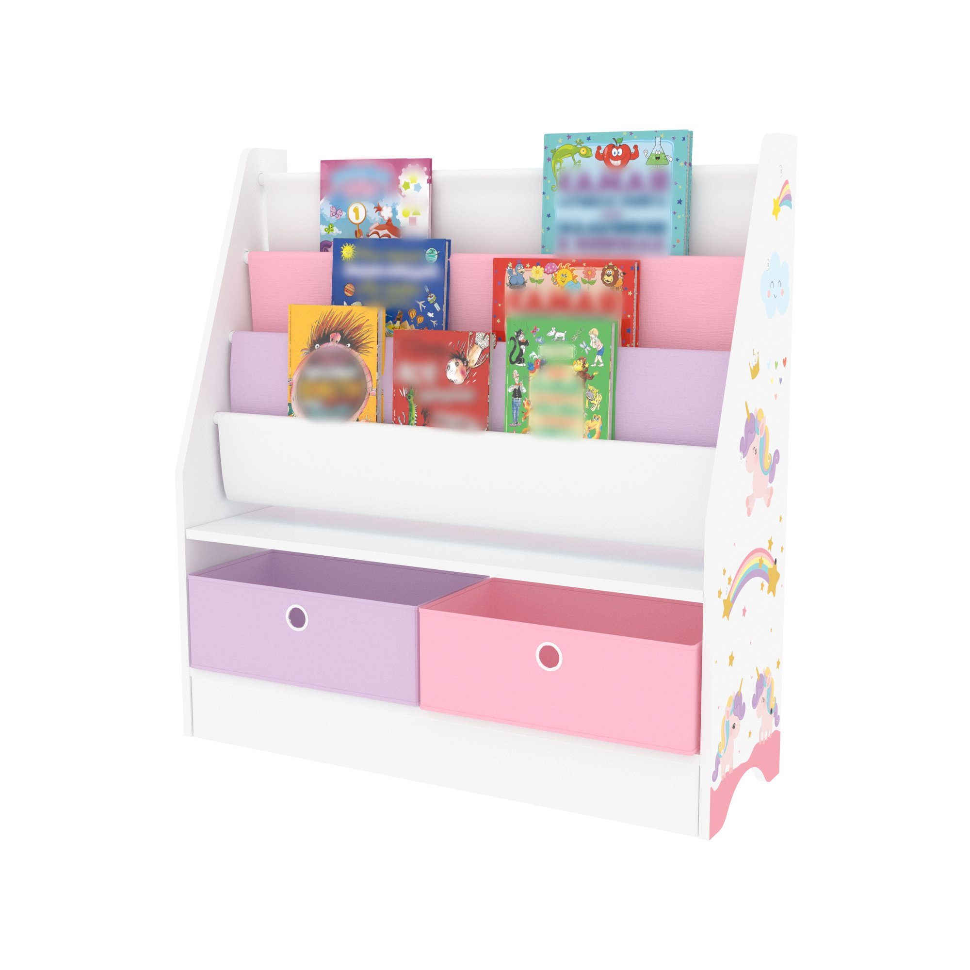 en.casa Bücherregal, »Neda« Kinderregal 74x71x23 cm mit Einhorn-Motiv Weiß/Lila/Rosa