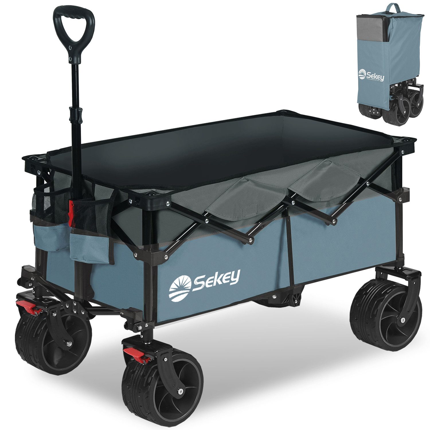 Sekey Bollerwagen 150 KG Bollerwagen Faltbar Handwagen mit Bremsen und breiten Reifen, Patentiertes, 4-fach zusammenklappbares Design, Kein Zusammenbau nötig
