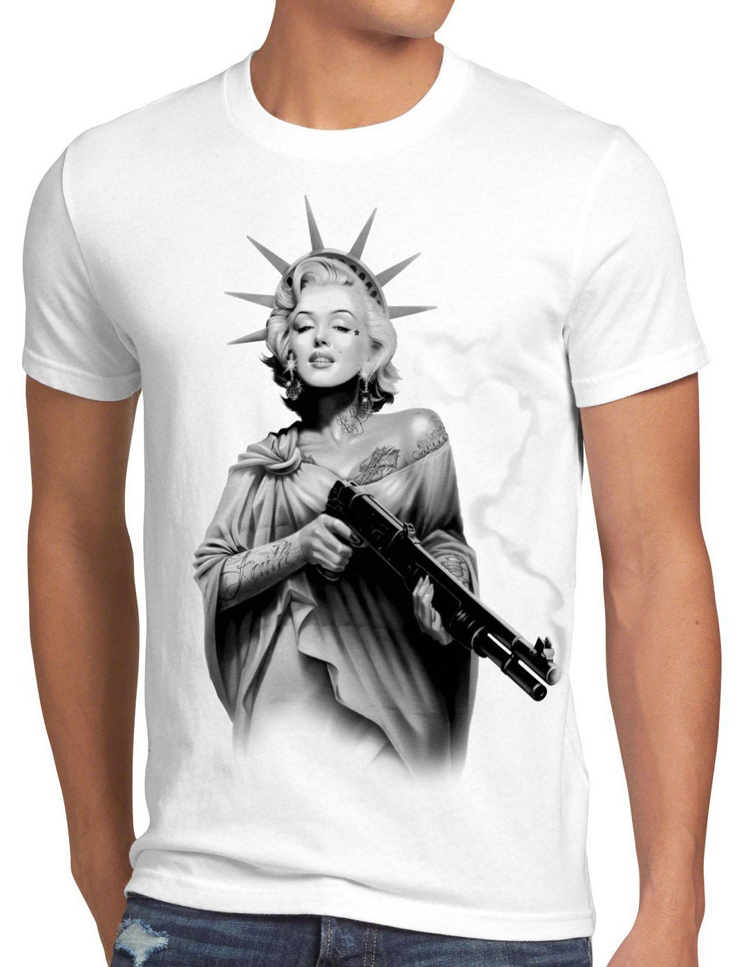 style3 Print-Shirt Herren T-Shirt Marilyn Monroe tattoo rock punk freiheitsstatue shotgun usa biker weiß