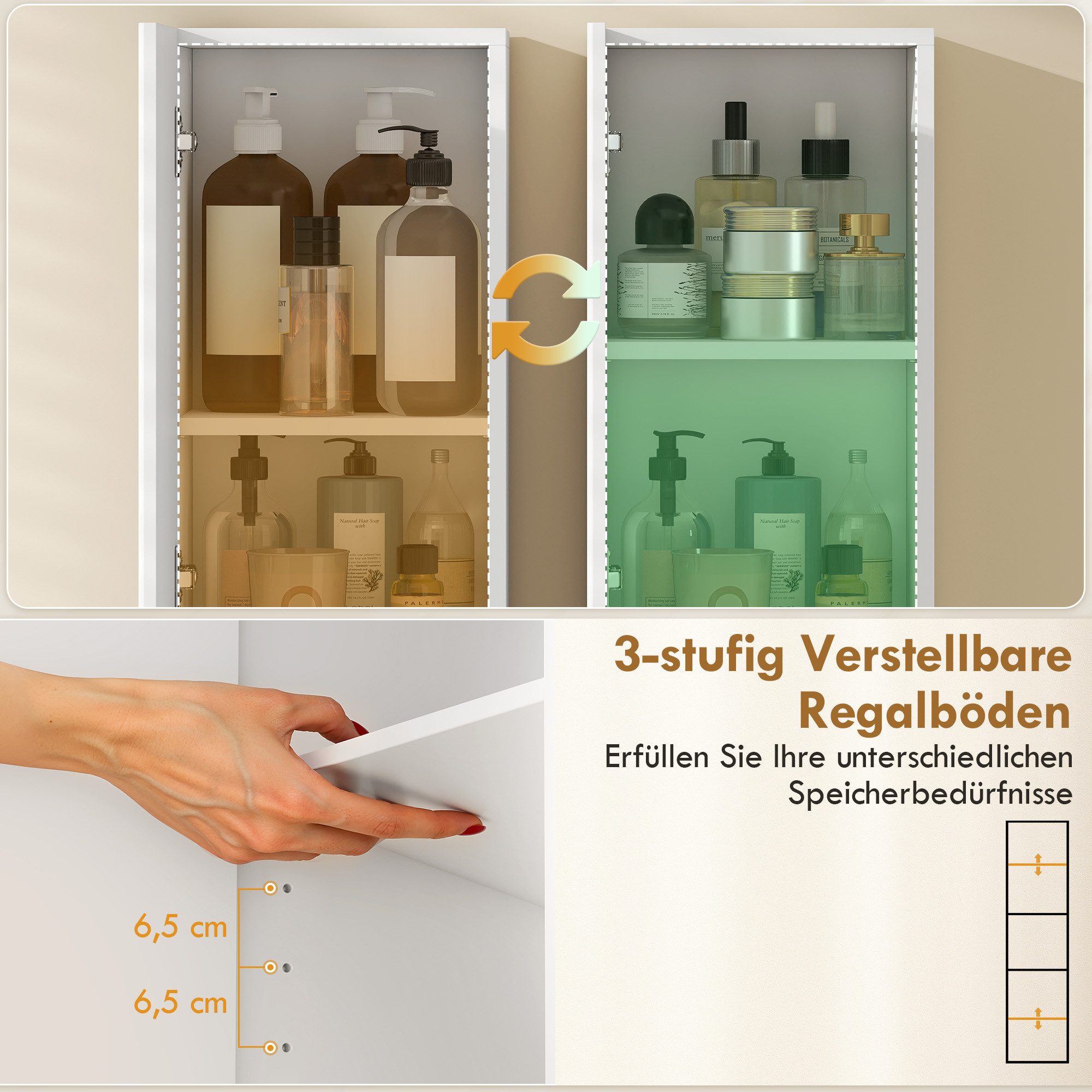 HOMCOM Badkommode Hochschrank 2 geriffelte Türen, offenes Fach, verstellbare Regale (Set, 1 St., 1 Badezimmerschrank), Schmal, Soft-Close – Bild 5 von 5