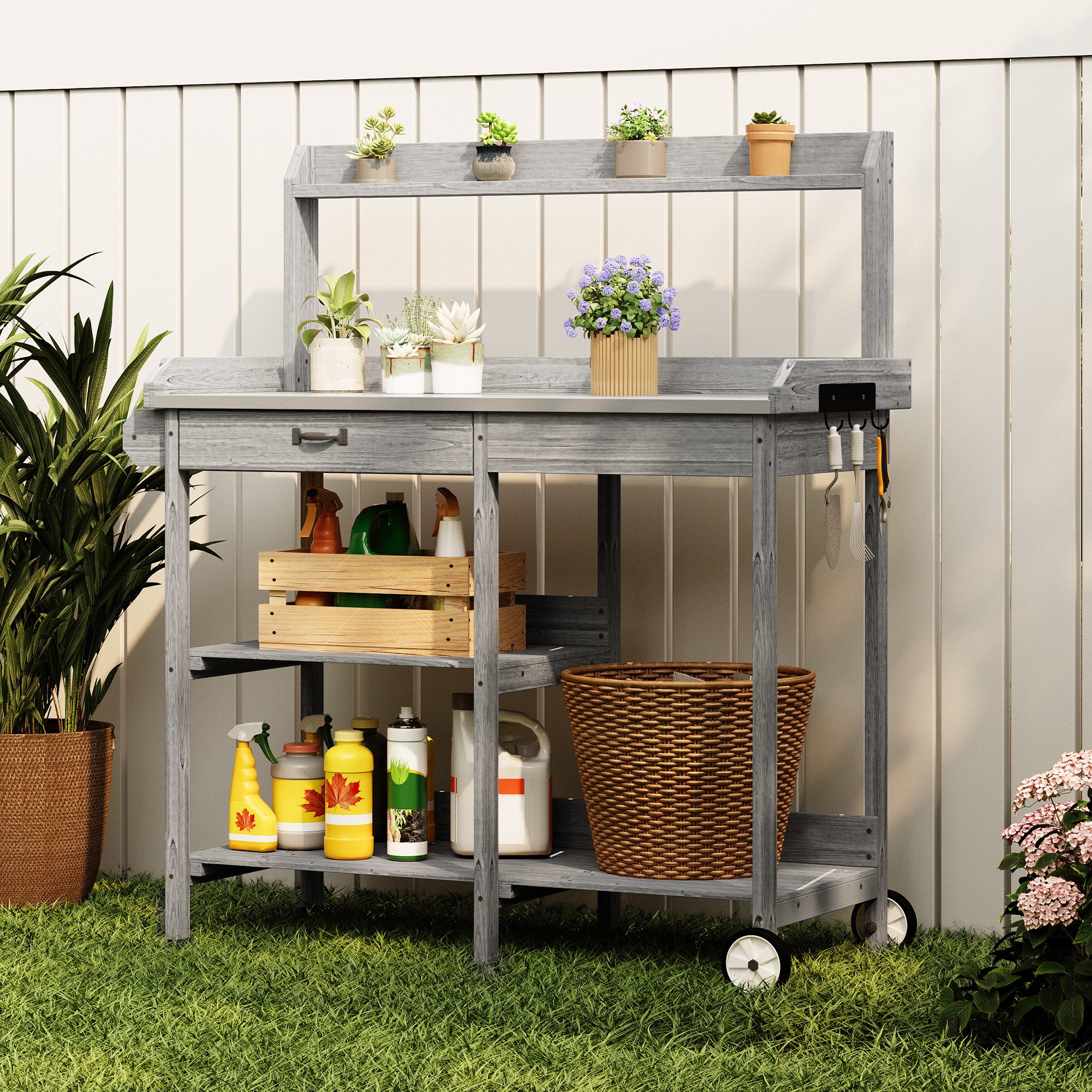 Bealife Garten-Geräteschrank Pflanztisch, Gärtnertisch, Pflanzenregal Mit Rollen, (Set), mit Schubladen, Ablagefläche und Haken,108 x 43 x 120 cm