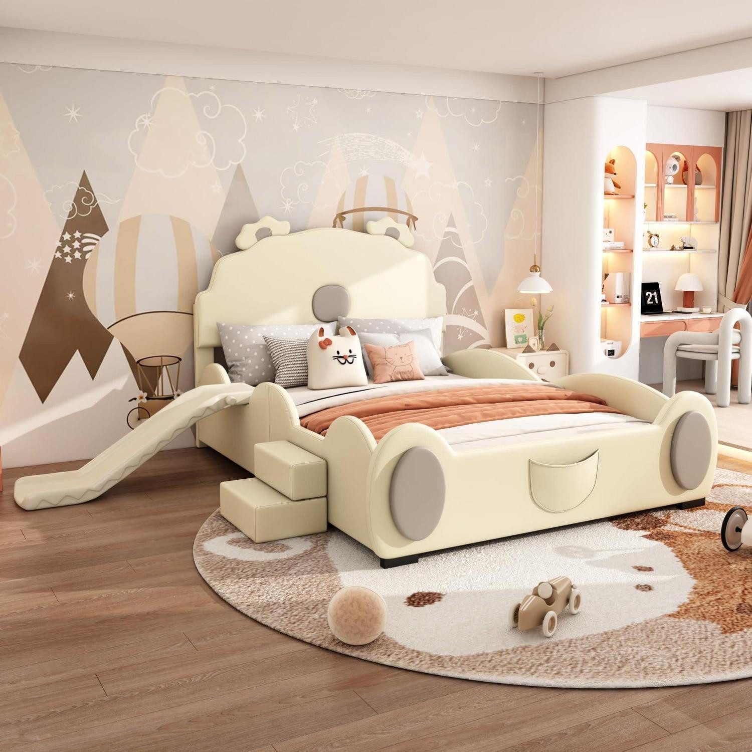 LuxusKollektion Spielbett Kinderbett 140x200 cm beige mit Rutsche