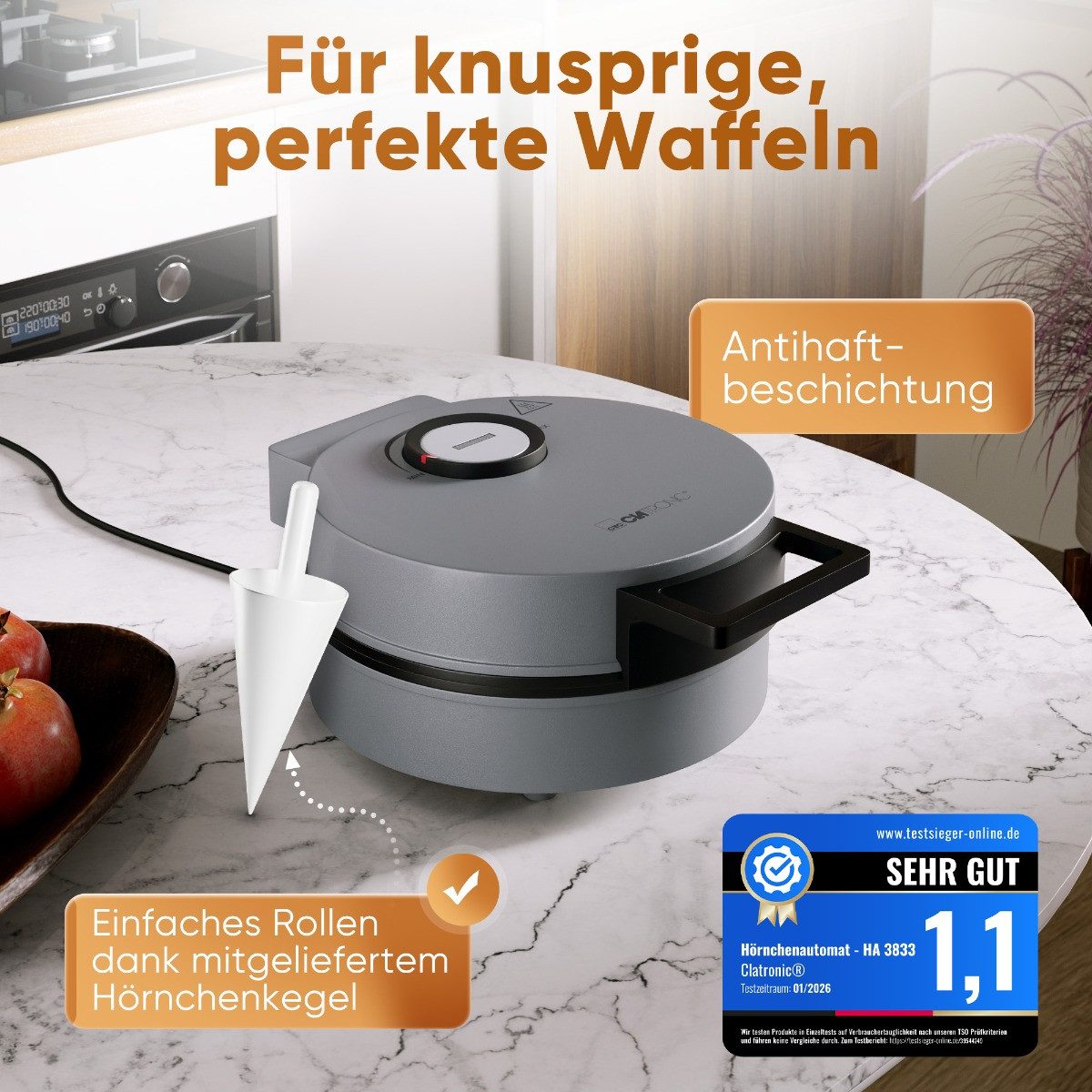 CLATRONIC Waffeleisen HA 3833, Hörncheneisen, Antihaft, inkl. Kegel