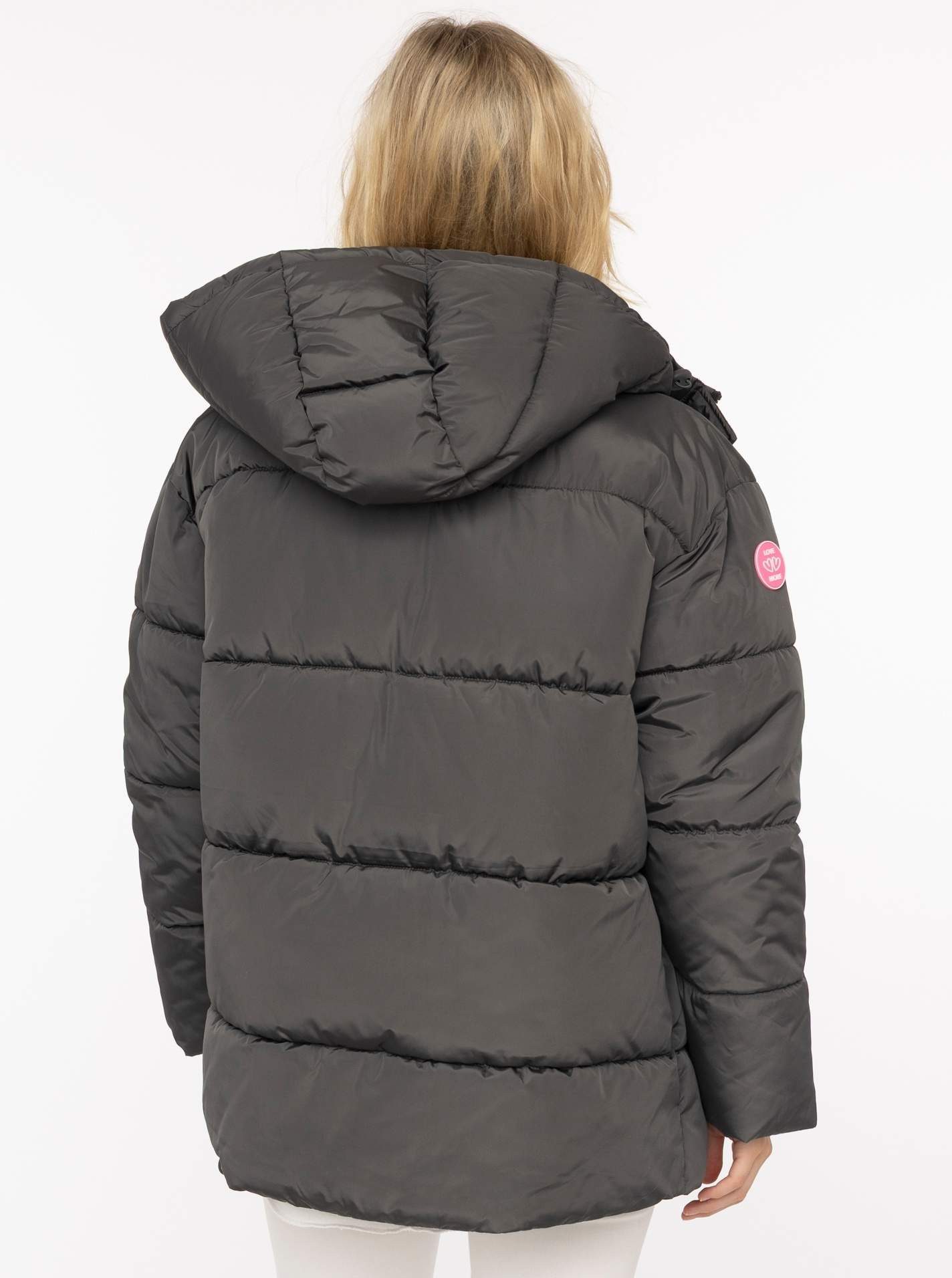 Zwillingsherz Steppjacke „Love More“ Kapuze mit Tunnelzug, verdeckter Reißverschluss, dezente Details – Bild 4 von 5