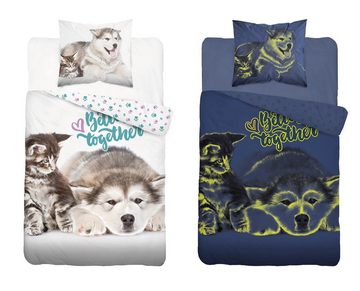 Kinderbettwäsche Leuchtende Bettwäsche 135x200 cm Kinderbettwäsche Baumwolle 2er Set, Carpe Sonno, Baumwolle, 2 teilig, GLOW IN THE DARK Hund und Katzen Bettwäsche