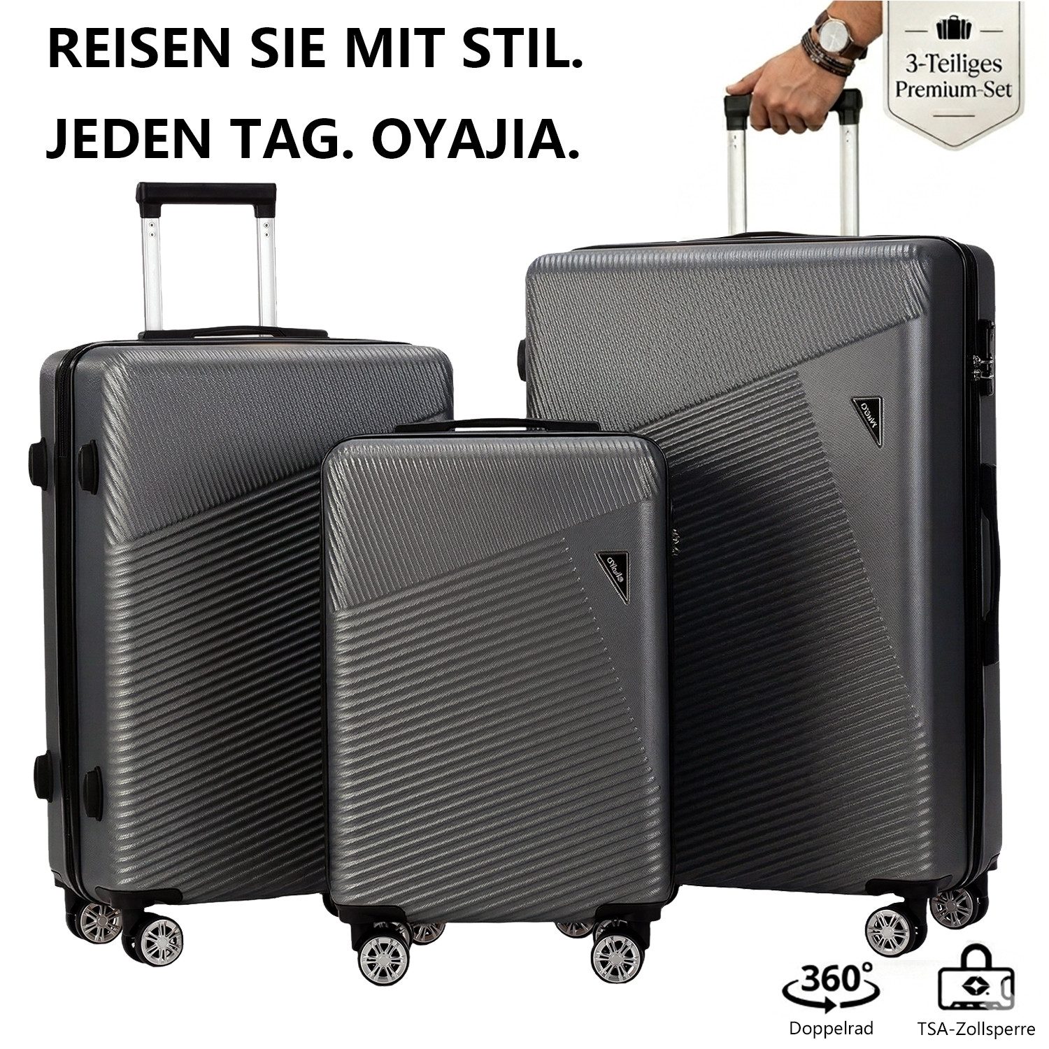 oyajia Kofferset 3-teiliges Hartschalenkoffer Set 20/24/28 Zoll aus ABS, (Reisekoffer Set mit 360° Doppelrollen und Teleskopgriff, 3 tlg., Koffer Set mit integriertem Zahlenschloss für Reise und Urlaub)