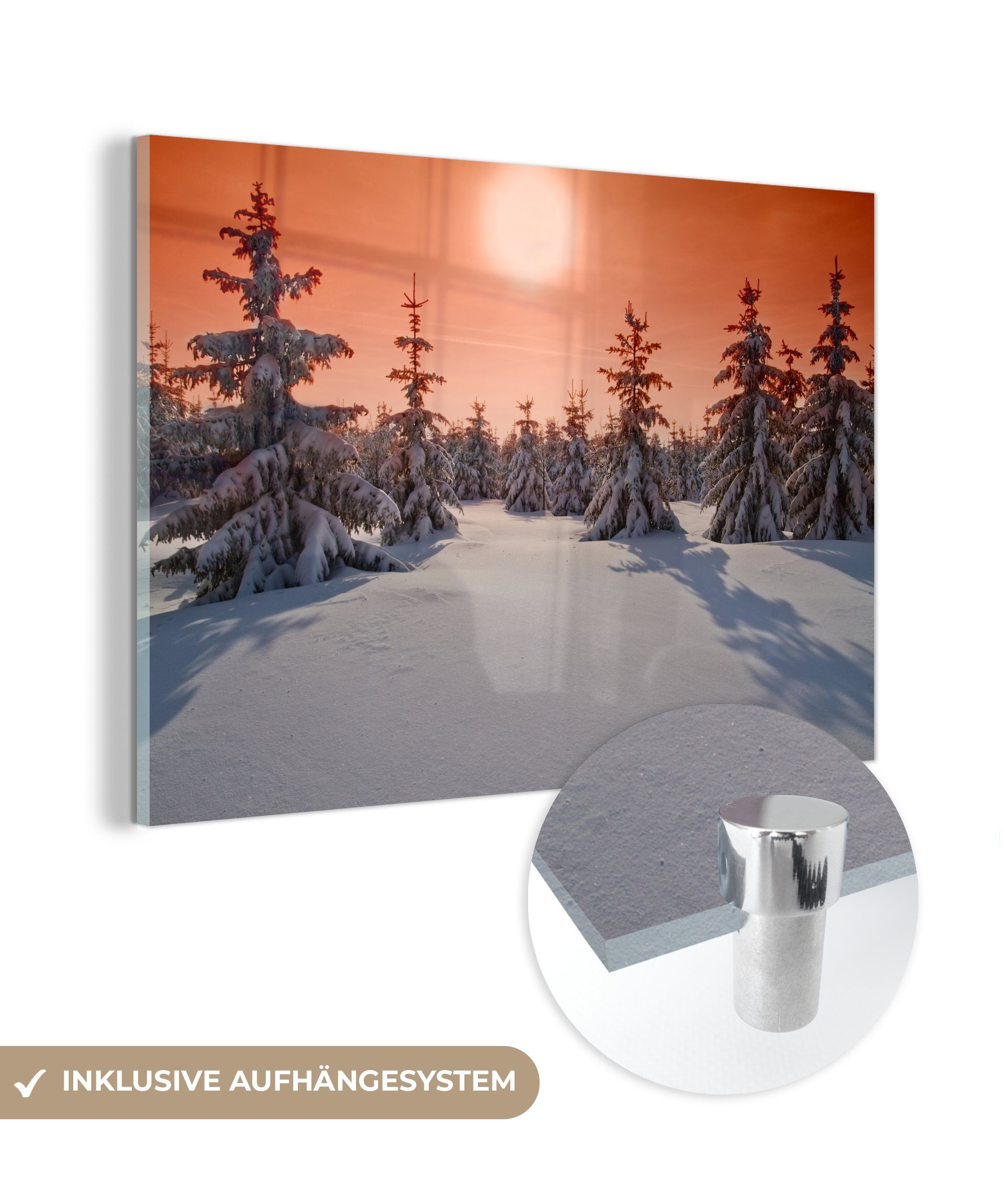 MuchoWow Acrylglasbild Oranger Himmel durch den Sonnenuntergang über dem Schnee im deutschen, (1 St), Acrylglasbilder Wohnzimmer & Schlafzimmer
