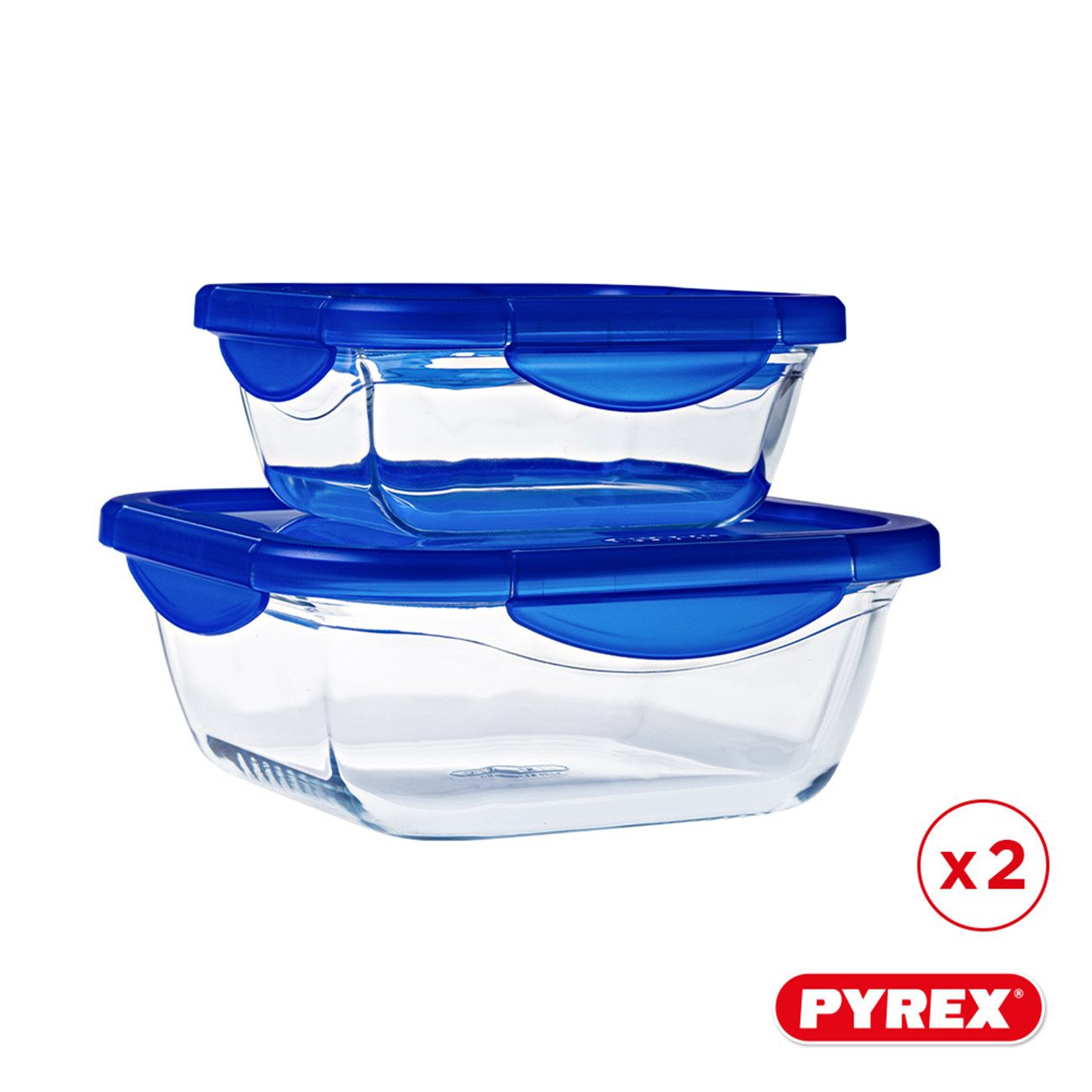 PYREX Frischhaltedose Cook & Go, Borosilikatglas, (Frischhaltedosen-Set, 2-tlg., quadratisch, 0,8/2 l), luftdicht, auslaufsicher, mikrowellengeeignet, gefriergeeignet