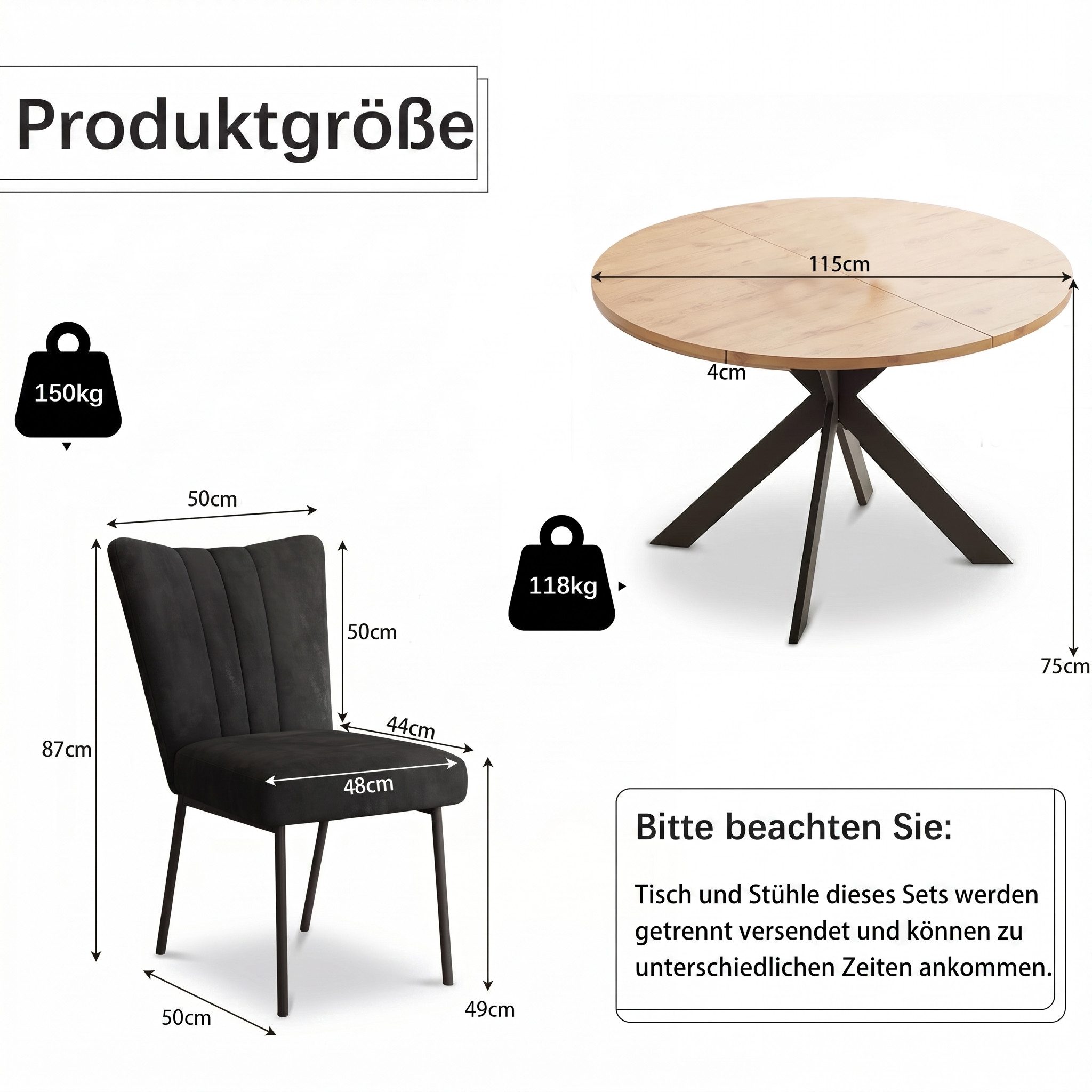 Jiexi Essgruppe Essgruppe Runder Tisch Ø 115cm Eiche Sternfuß & Samt Stühle – Bild 3 von 5