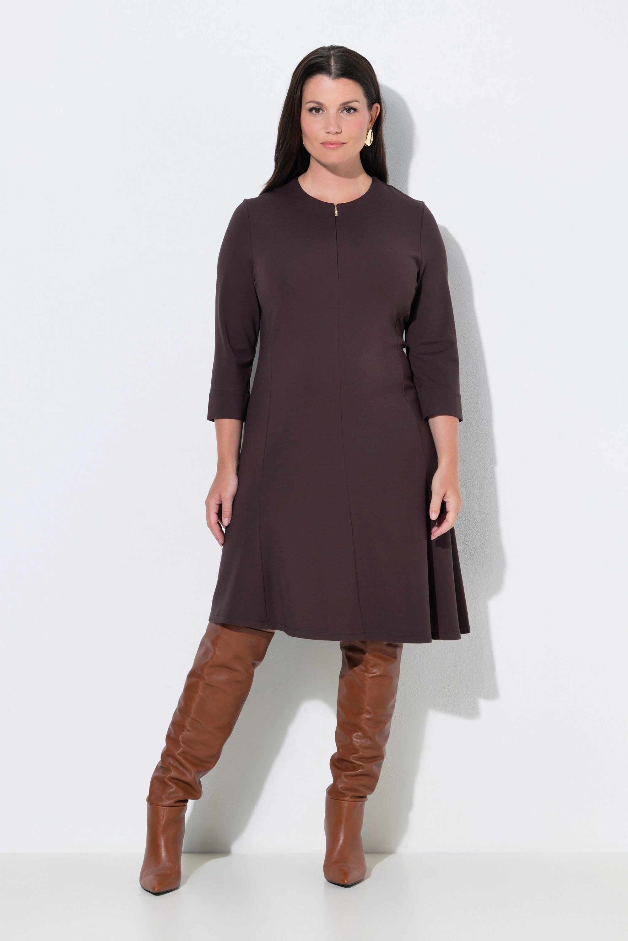 Ulla Popken Midikleid Punto-Kleid Rundhals 3/4-Arm Reißverschlusstaschen