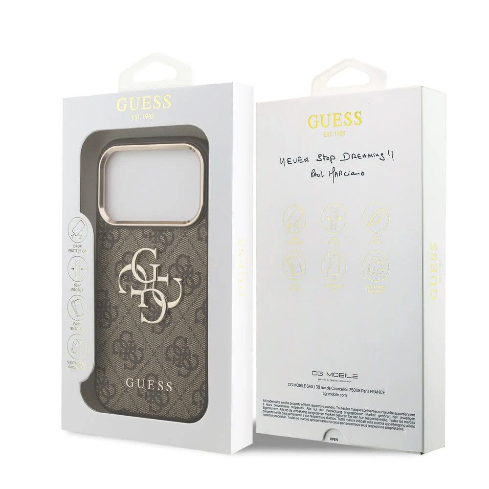 Guess Handyhülle GUESS Case für iPhone 17 Pro Max Metal Logo Gold Hülle Cover Braun