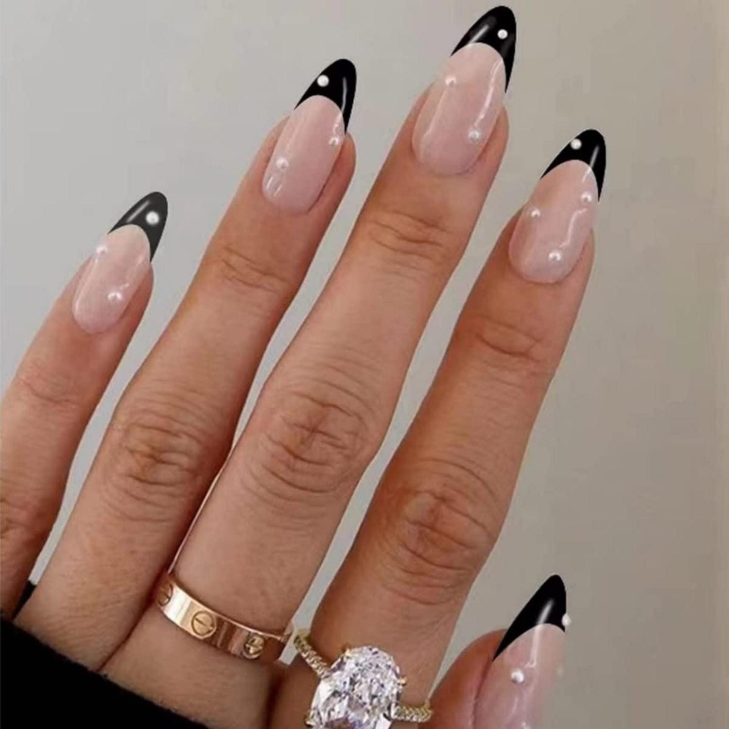 Kunstfingernägel 24 Mandel Pearls Nägel Aufkleben Schwarz French Acryl Nails Frauen