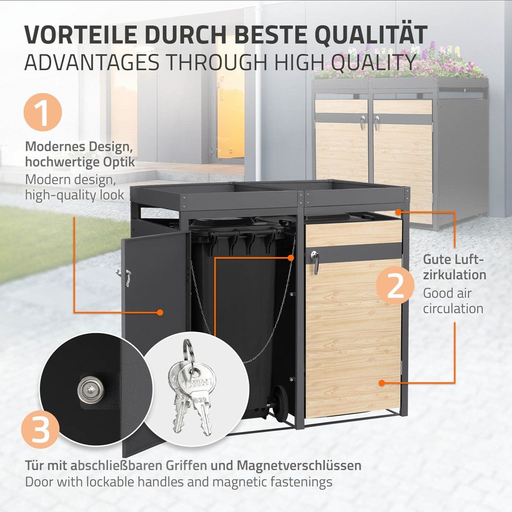 ML-DESIGN Mülltonnenbox Müllbox aus Stahl wetterfeste Mülltonnen Verkleidung Mülltonnengarage, Mülltonnencontainer mit Klappdeckel/Tür für 2 Tonne 120 oder 240 Liter
