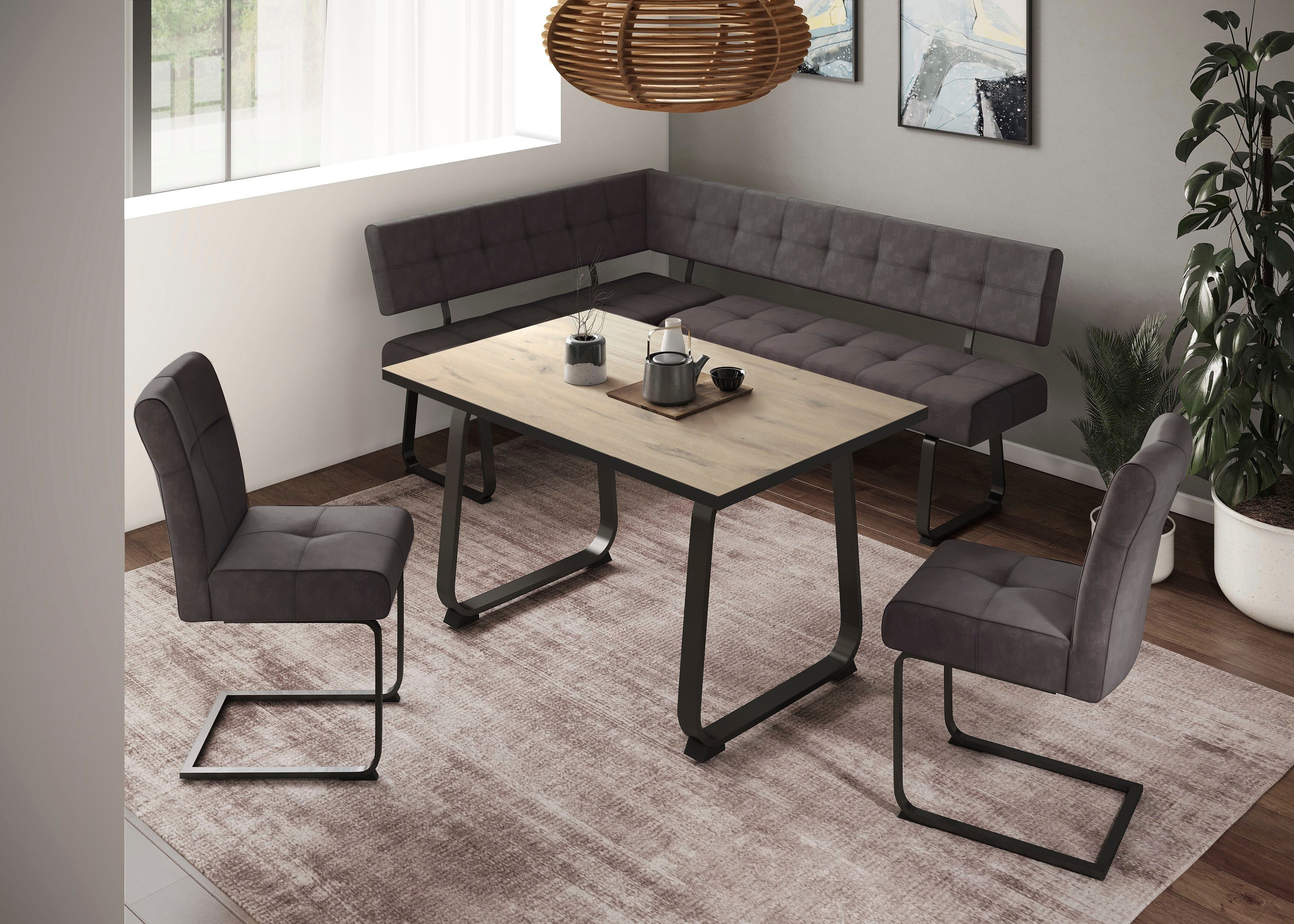 HELA Essgruppe RUHR, (4-tlg), Kufentisch 140x90 cm, Schwingstuhl und Bank mit Federkorb, Komfortsitz