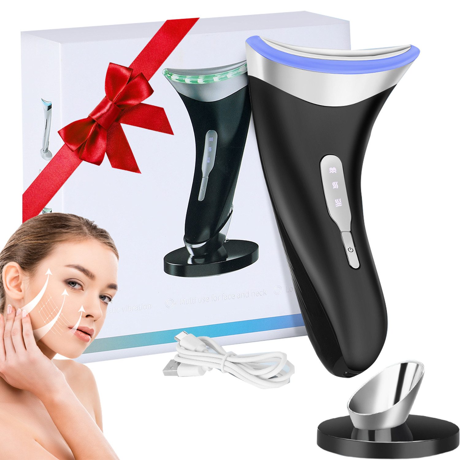Nacken-Massagegerät Gesichtsmassagegerät mit EMS, 3 LED-Modi, 45 °C Wärme & USB-Ladung