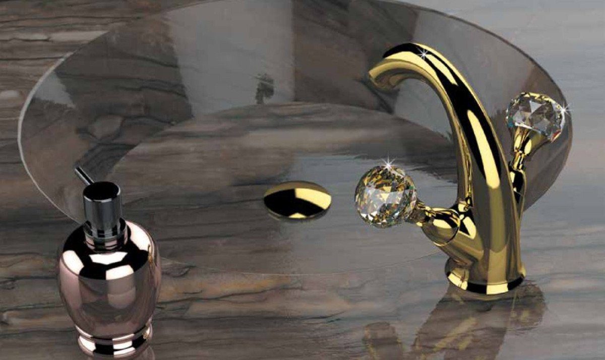 Zubehör Einlochbatterie 15 Kristallglas Italy Waschtischarmatur Ablaufgarnitur - - mit Swarovski Padrino - Gold Waschtisch Luxus H. in Armatur Casa mit cm Made Luxus Bad